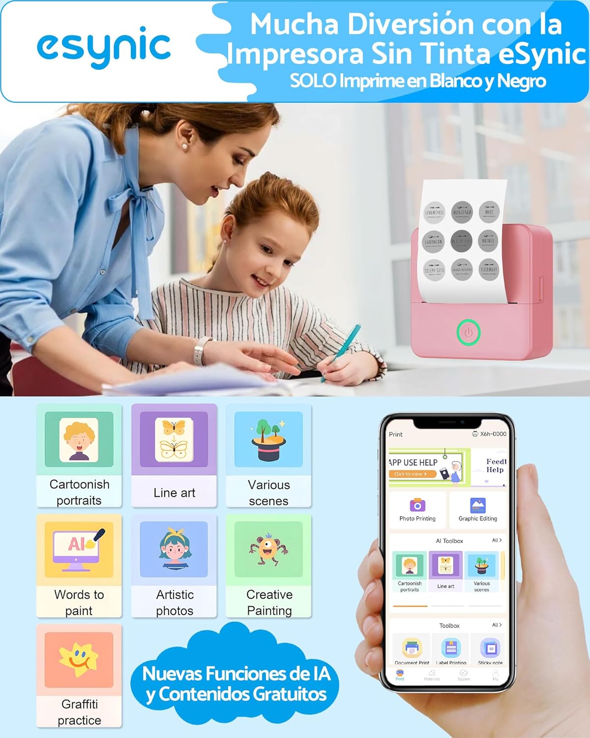 Smartphone screen showing the 'Tiny' app interface with various AI and editing functions for the eSynic Mini Portable Thermal Printer.