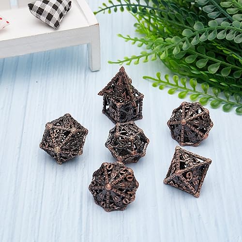 Miniatura 5 de Tbrand Juego de dados de metal, dados de metal de calavera poliédricos huecos adecuados para juegos de rol de Calabozos y Dragones, cobre rojo