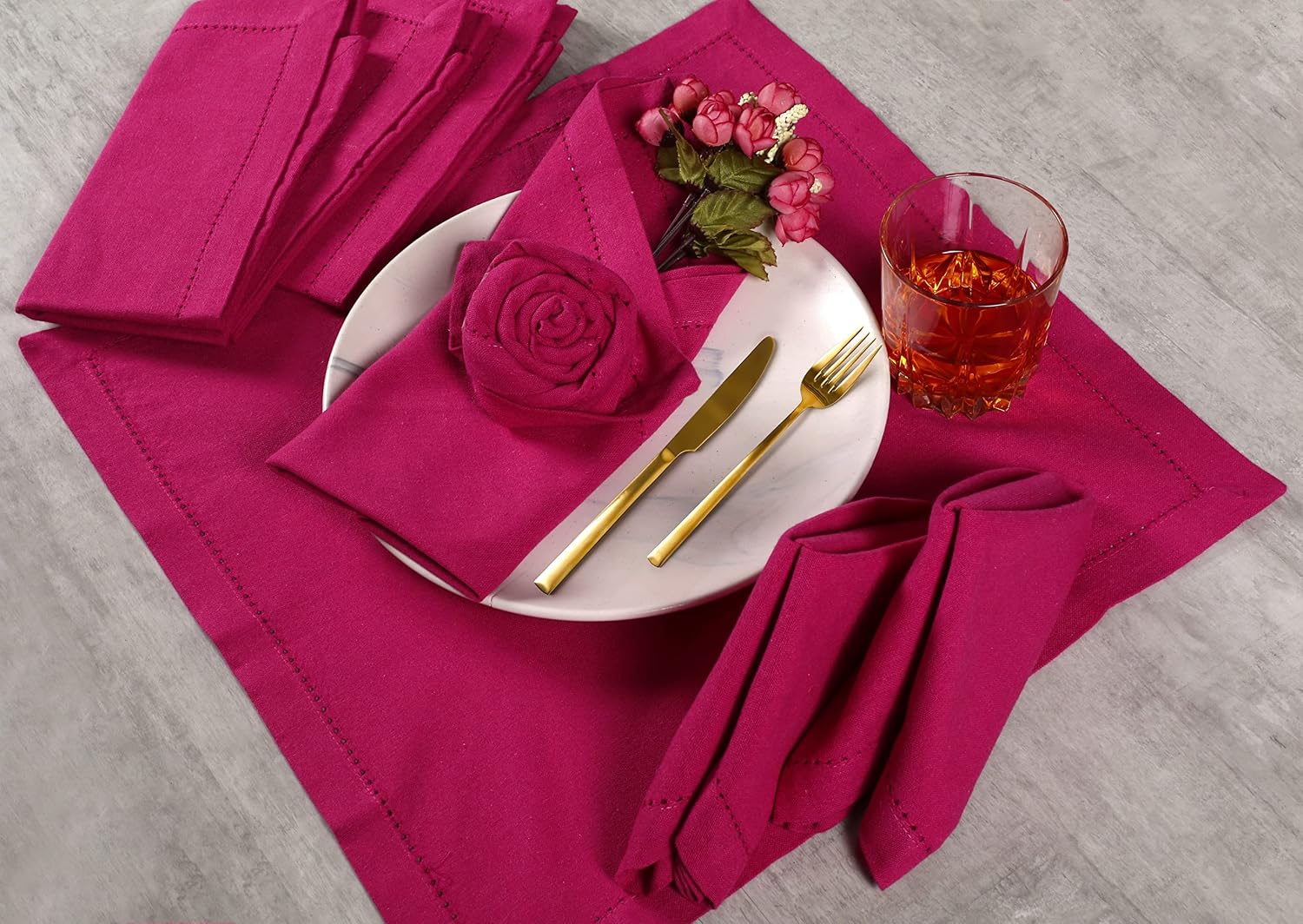 100% Cotton Cloth Dinner Napkins Set of 12-18x18 Hemstitched Decorative Reusable Machine Washable Cocktail Napkin Mitered Corner for Daily Use, Christmas, Party, Wedding - Magenta