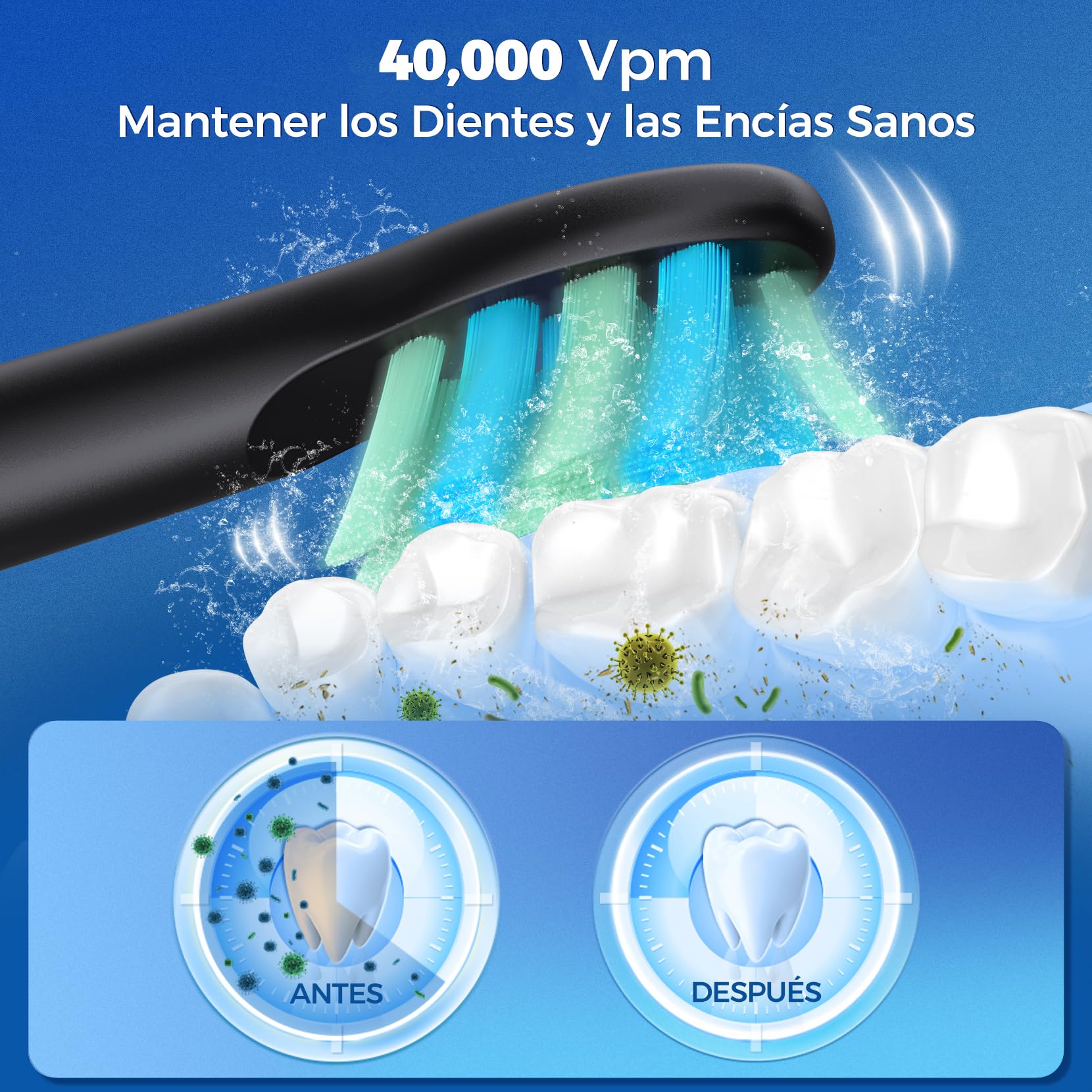 Cepillo Eléctrico de Dientes Recargable Rápido en 4 Horas, con Duración de 60 Días - Cepillo Eléctrico Adultos Infantil con 8 Cabezales, 40000 VPM y 5 Modos de Cepillado(Negro)
