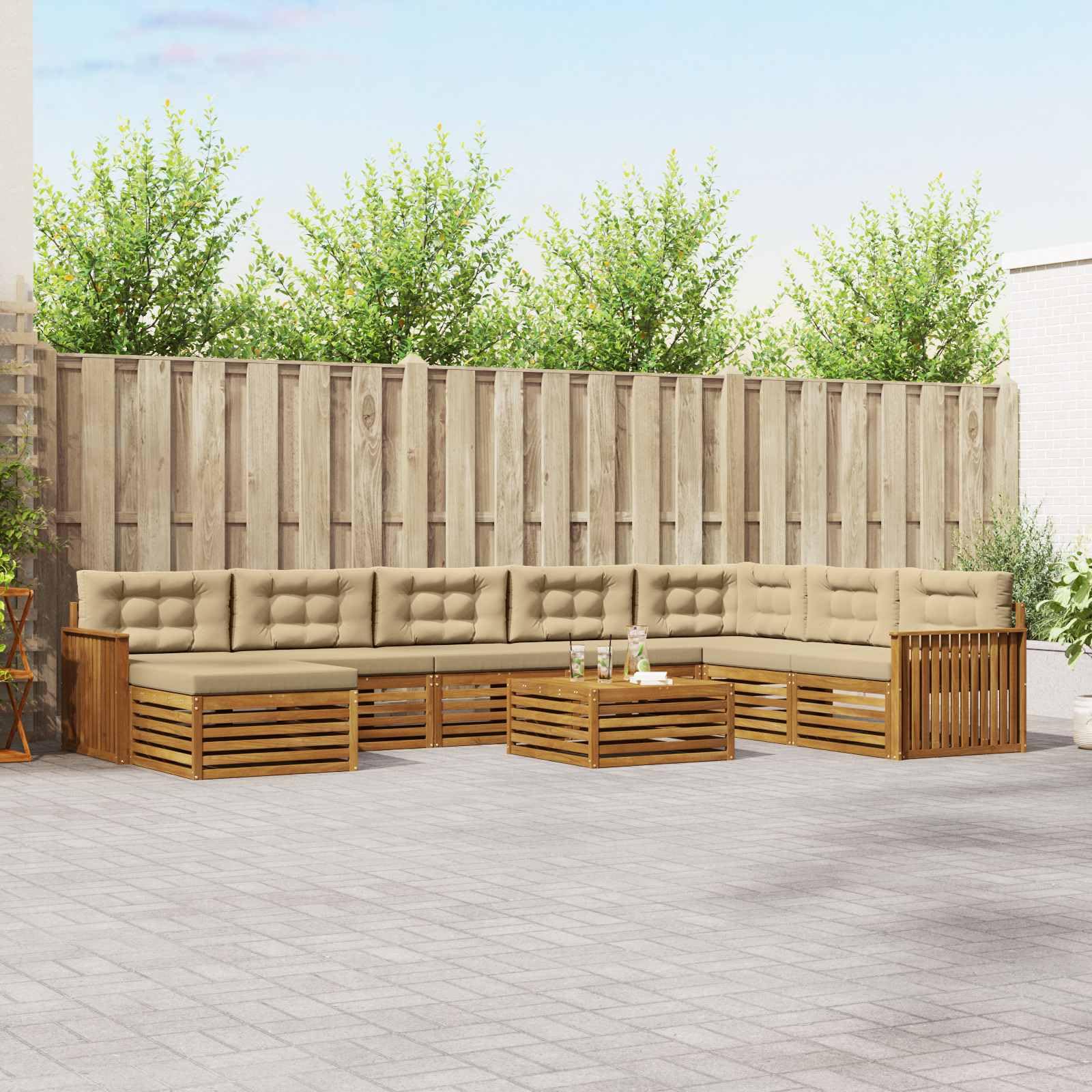 Zestaw mebli ogrodowych 9 sztuk, naturalny i beżowy, z litego drewna akacjowego, odporny na warunki atmosferyczne, zestaw mebli ogrodowych na taras, balkon, basen o modułowej konstrukcji i