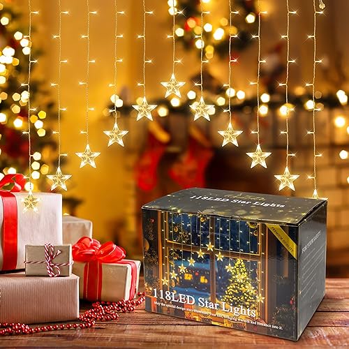 Miniatura 7 de YOUNGAR Luces de carámbano de estrellas, luces de cortina de estrellas más jóvenes, 11.5 pies, 118 luces LED colgantes para techo del hogar,