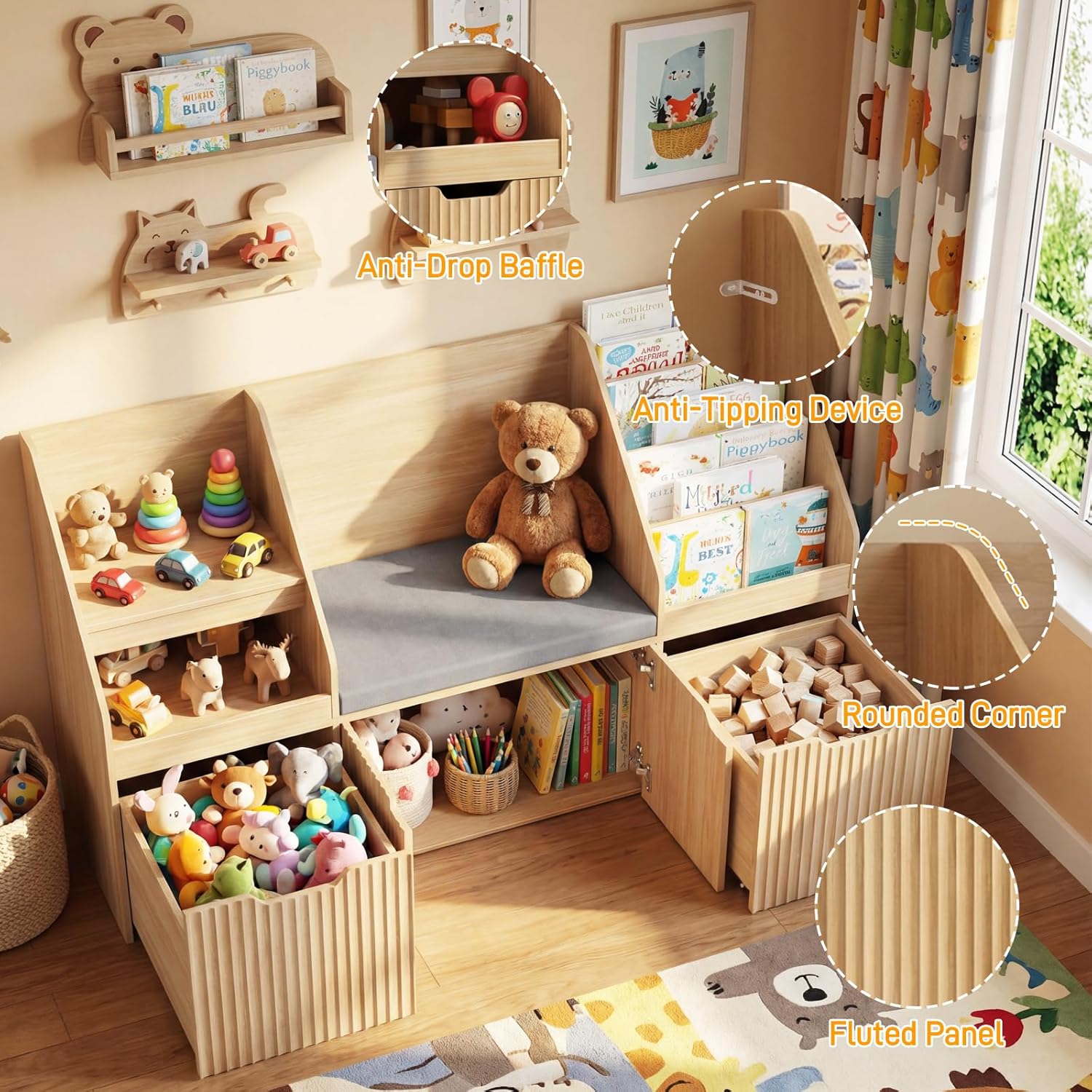 Vabches Kids Bookshelf with Reading Nook, Toy Storage Organizer with Seat Cushion and 2 Movable Drawers, Kids Bookcase Toy Organizers with 2 Doors Storage for Playroom, Bedroom, Natural Oak