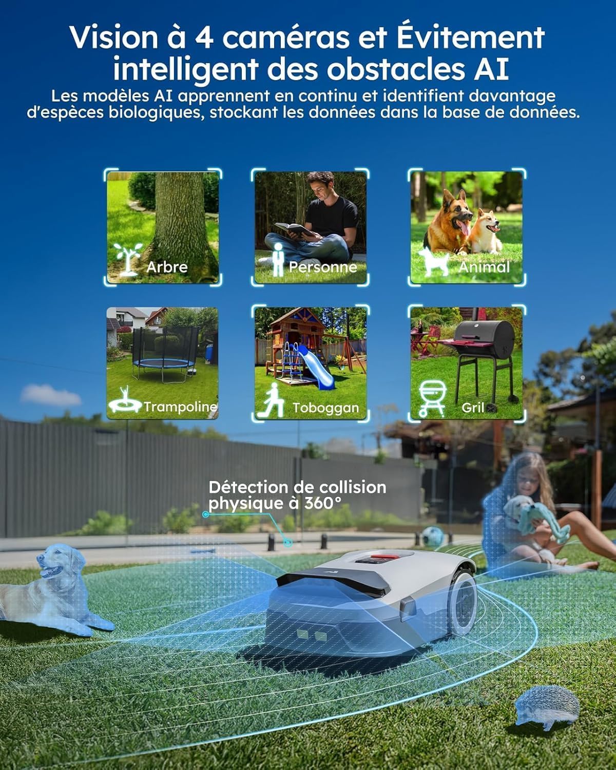 ANTHBOT Genie1000 Robot Tondeuse sans Fil Périphérique -2000m² Full Band RTK+4Yeux IA Vision Tondeuse Robot Gazon, Auto Cartographie, 20Multi-Zone, Évitement des obstacles, Charge Auto, Alarme antivol