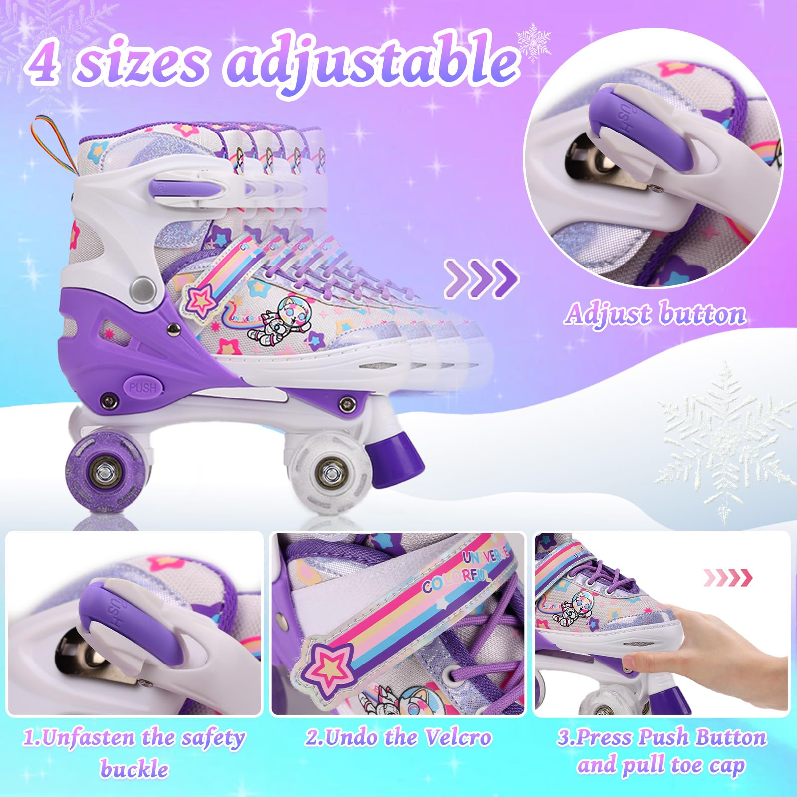 Rollschuhe Kinder, Rollschuhe für Mädchen und Anfänger, 4 Größen Verstellbar Rollerskates mit Leuchtenden Rollen atmungsaktivem Obermaterial für Weihnachts und Geburtstags Geschenke