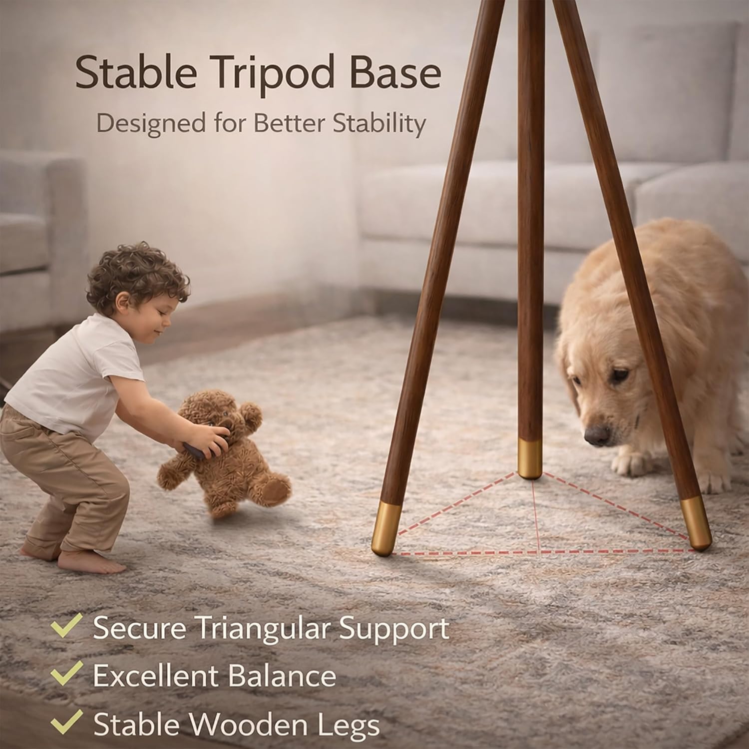 Mid Century Tripod Floor Lamp with Solid Wood Legs, Modern Wooden Floor Lamp with Linen Shade & Pull Chain, Tall Standing Lamp for Living Room Bedroom Reading Corner Home Office, 12W LED Bulb Included