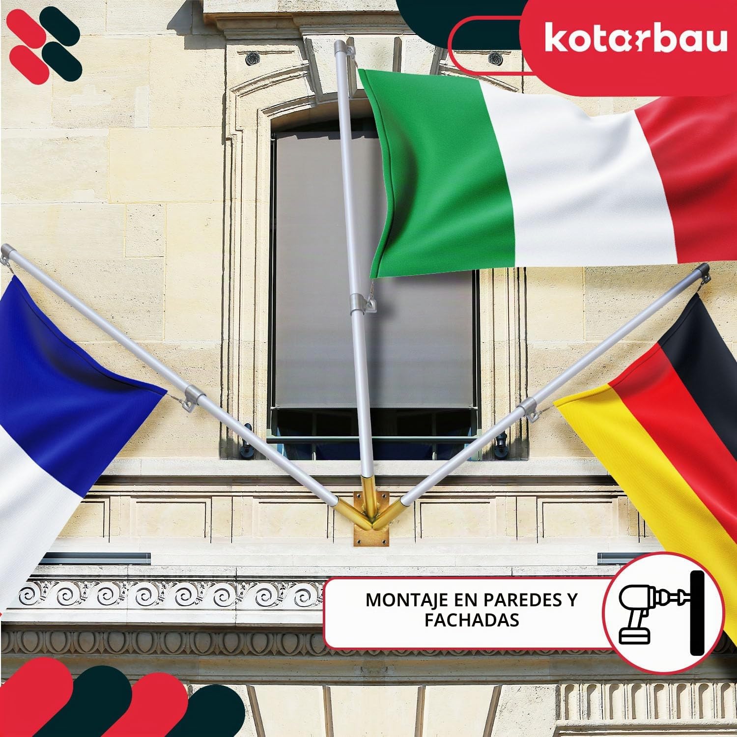 KOTARBAU Base de Soporte para Bandera Triple Base de mástil Soporte para asta de Bandera Soporte de Montaje en Pared galvanizado en Caliente Dorado, 120 mm