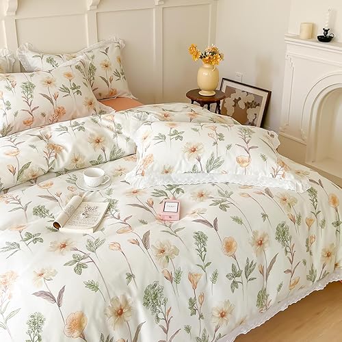 Miniatura 2 de OTOB Juego de funda de edredón floral, tamaño Queen, color beige, 100% algodón, con cierre de cremallera, 4 lazos para todas las estaciones, funda