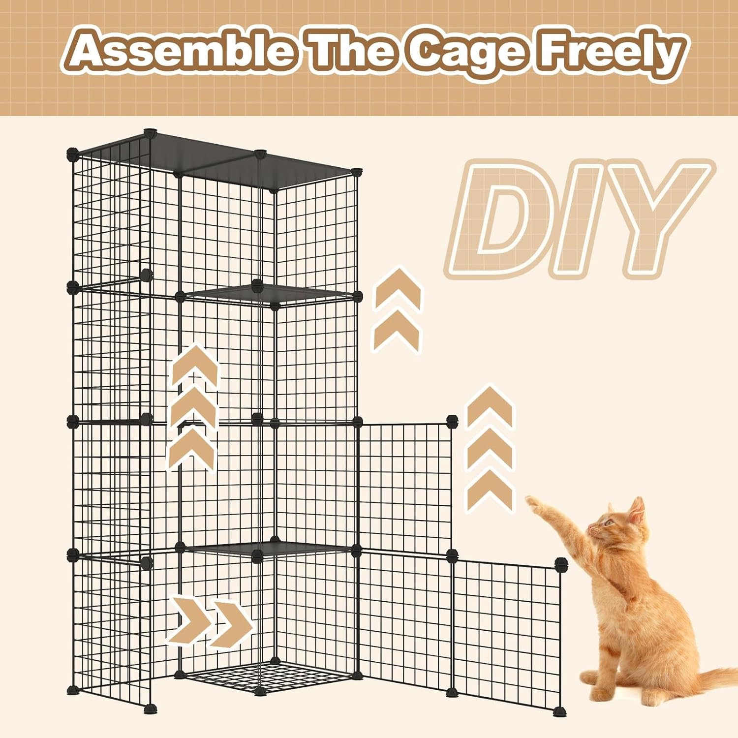 JIUPETY Cat Cage Indoor with Litter Box, DIY Cat Enclosure Large Playpen, Detachable Metal Wire Kennel Crate Large Exercise Place with Hammock for 1–3 Cats, 41" L x 28" W x 55" H