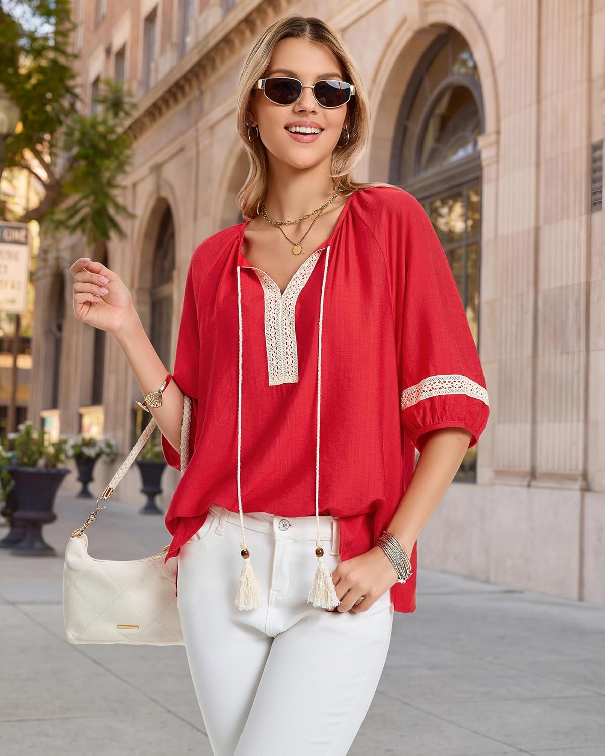 Unixseque Womens Summer Tops V Neck Tie Front Blouses Dressy Casual Flowy Half Sleeve Boho Shirts - Image 4