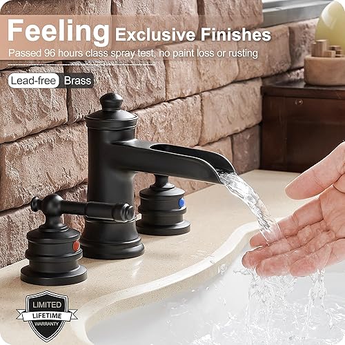 Miniatura 4 de Grifo de baño de cascada negro, grifos de baño de latón para fregadero de 3 agujeros, grifo de tocador de baño de 8 pulgadas con 2 asas mangueras de