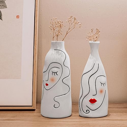 Miniatura 2 de SANFERGE Juego de 2 jarrones de cerámica, color blanco mate con forma femenina con grabado de línea negra, cabeza de cara con colorete y labios
