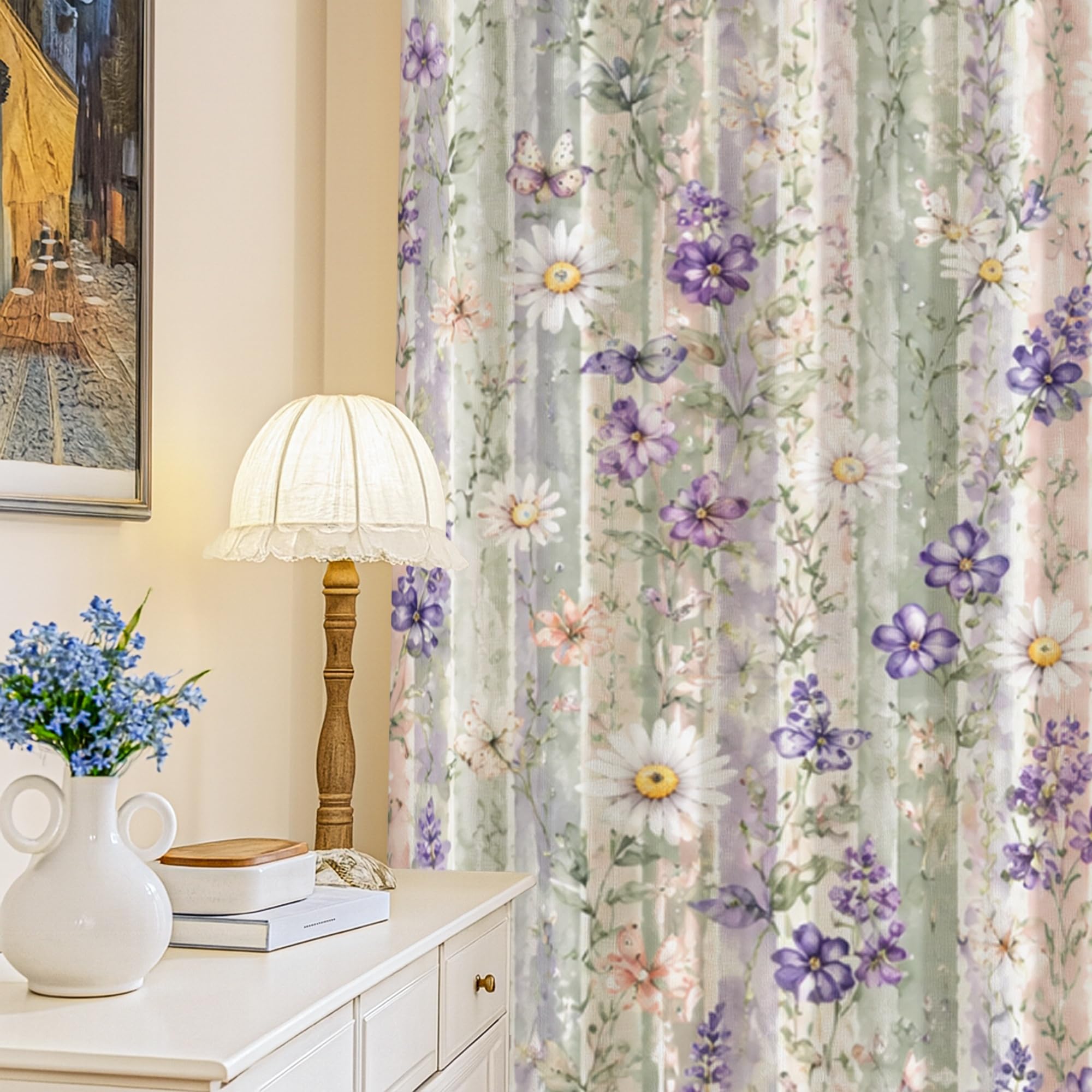 Rideaux occultants motif chrysanthème 132x241cm lavable pour décoration de salon moderne