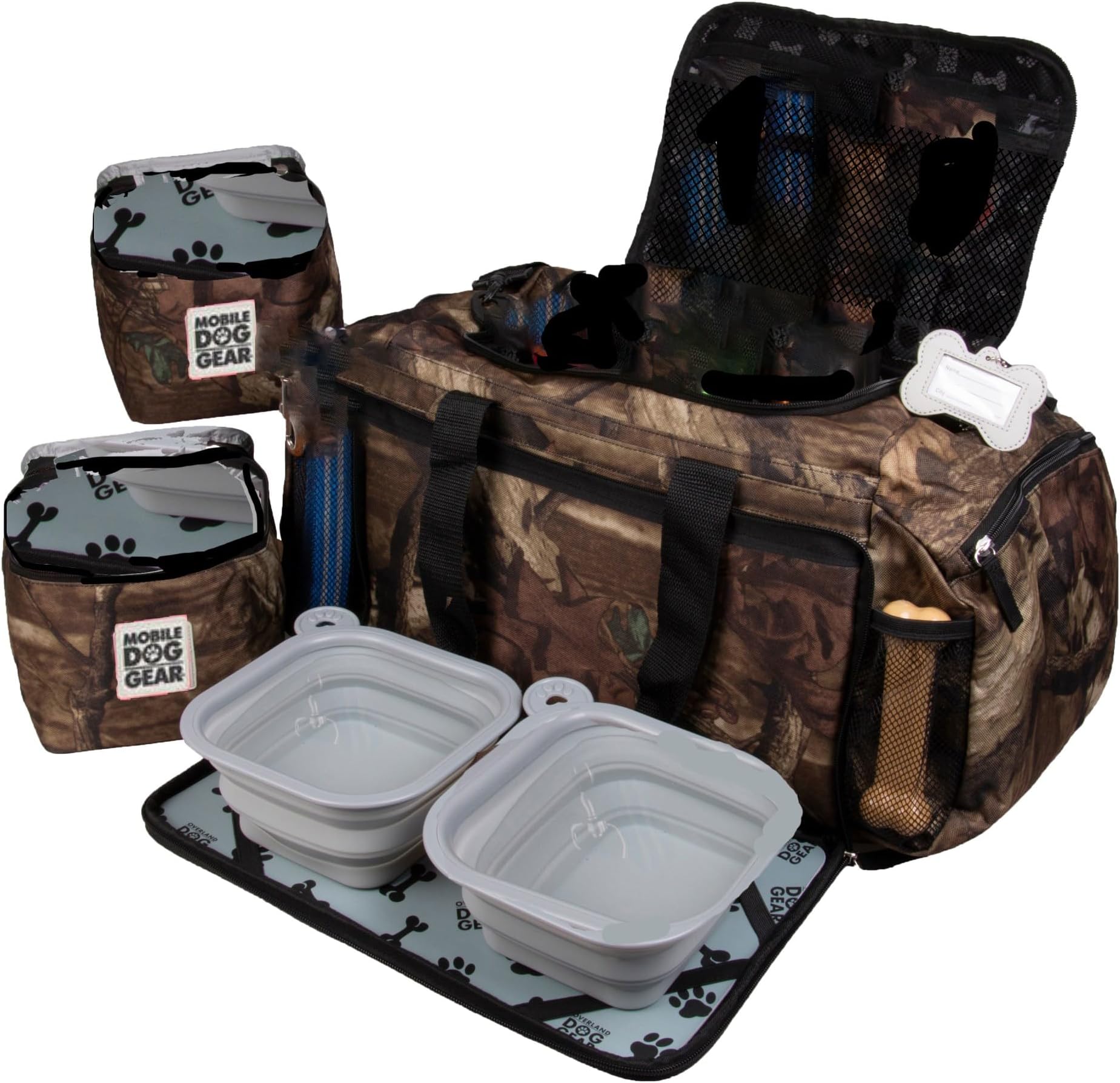 Mobile Dog Gear, Ultimate Week Away Dog Travel Duffel, Includes Lined Food Carriers and 2 Collapsible Dog Bowl, Camo