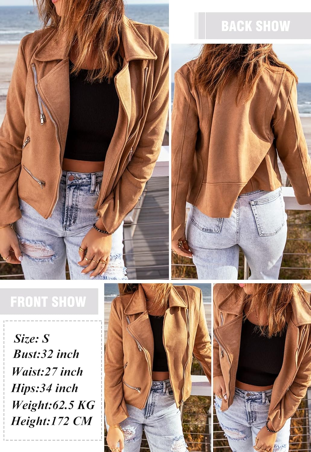 GOSOPIN Women Faux Suede Zipped Motorcycle Jacket Notch Collar Moto Biker Short Coat Casual Zip Party Outwear with Pockets