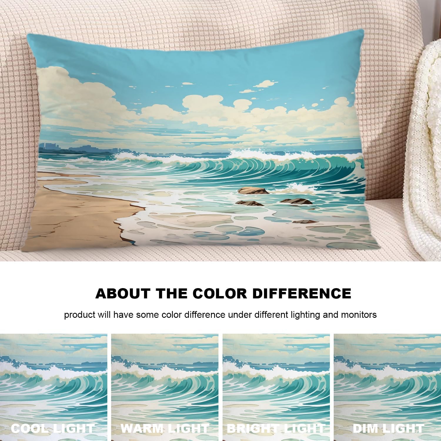 Beach Scene Throw Pillow Covers, Ocean and Clouds Cushion Cover Digital Blended Hidden Zipper Decorative Pillowcases for Bedroom Lumbar 20X26 in 2 Pcs