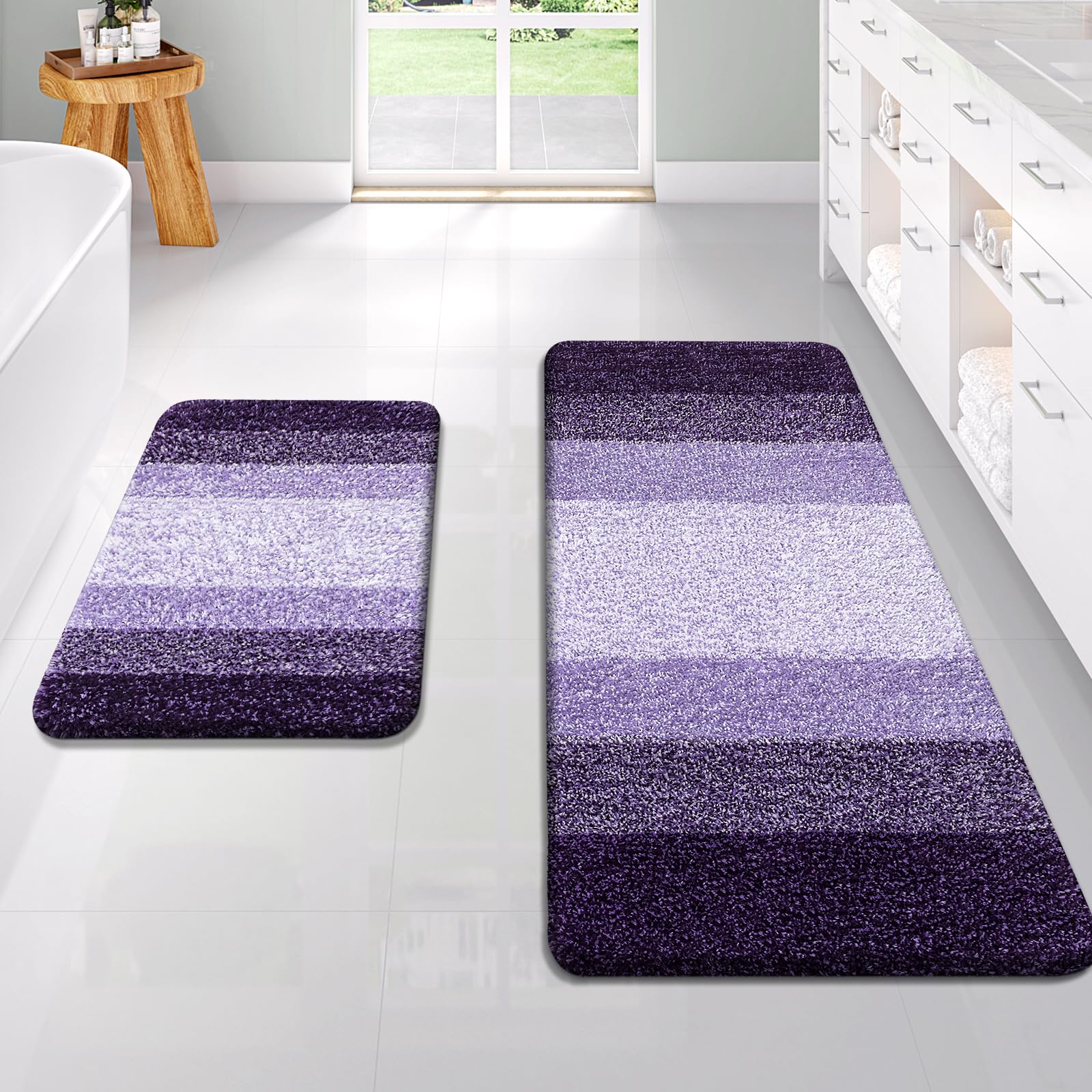 OLANLY Bathroom Rug Set 2 Piece, Soft Absorbent Microfiber Bath Rug Set, Non-Slip, Machine Wash Dry, Plush Shaggy Bath Mats for Bathroom (47"x20"+24"x16", Violet) — image 1