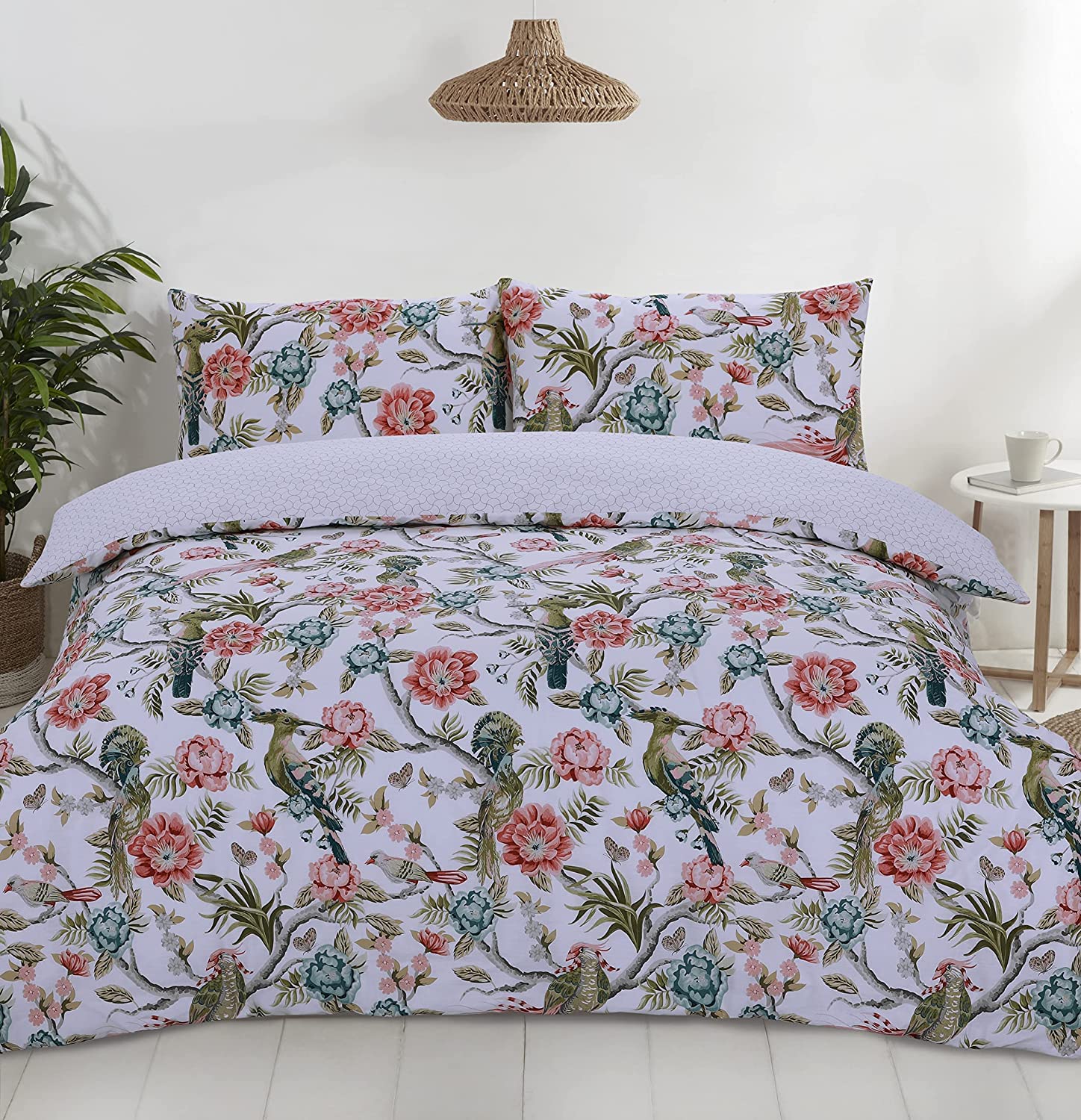 Night Comfort Chinoiserie Birds - Red & Blue King Size Duvet Cover Sets – Modern Printed Polycotton Duvet Cover With 2 Pillowcovers – Easy Care Bedding Set