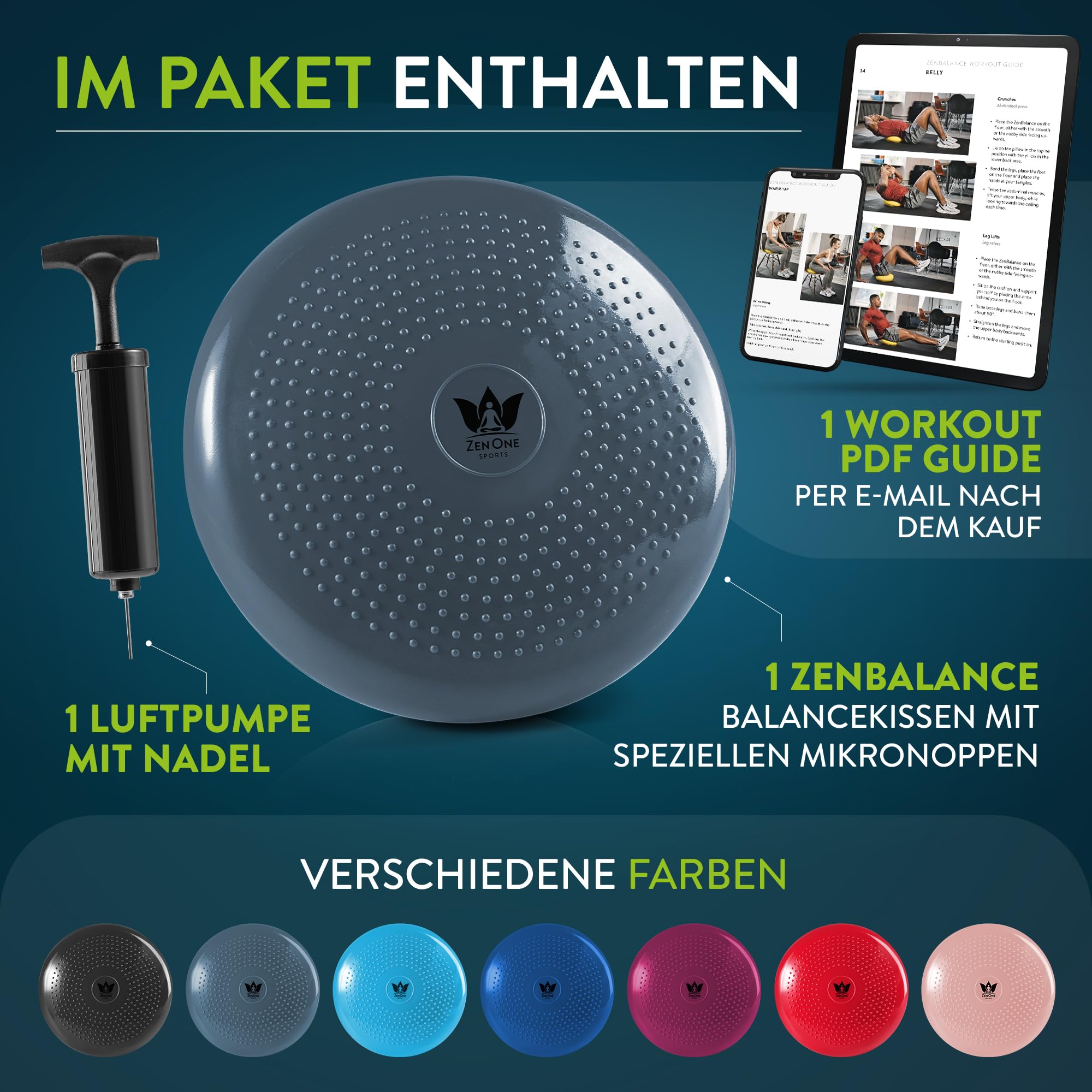 ZenBalance Cuscino Propiocettivo, Cuscino Ortopedico per Riabilitazione, Disco Propiocettivo Gonfiabile per Postura, Balance Board per Sport & Fisioterapia, incl. pompa, e-book, 33 cm (Blu navy)