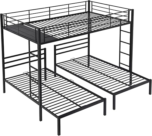 Miniatura 155 de Litera en forma de L individual sobre cama matrimonial adjunta, litera triple de metal con escritorio y tobogán integrados, marco de literas de