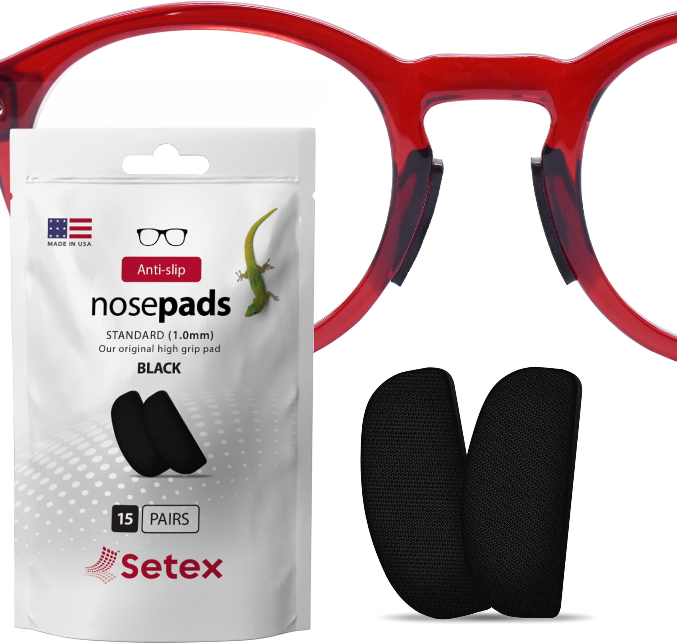 Setex Gecko Grip 1mm Anti Slip Eyeglass Nose Pads, (Bulk Pack 15 Black Pair) USA Made, 2500 Innovative Microstructured Fibers per Nose Pad, 1mm x 7mm x 16mm