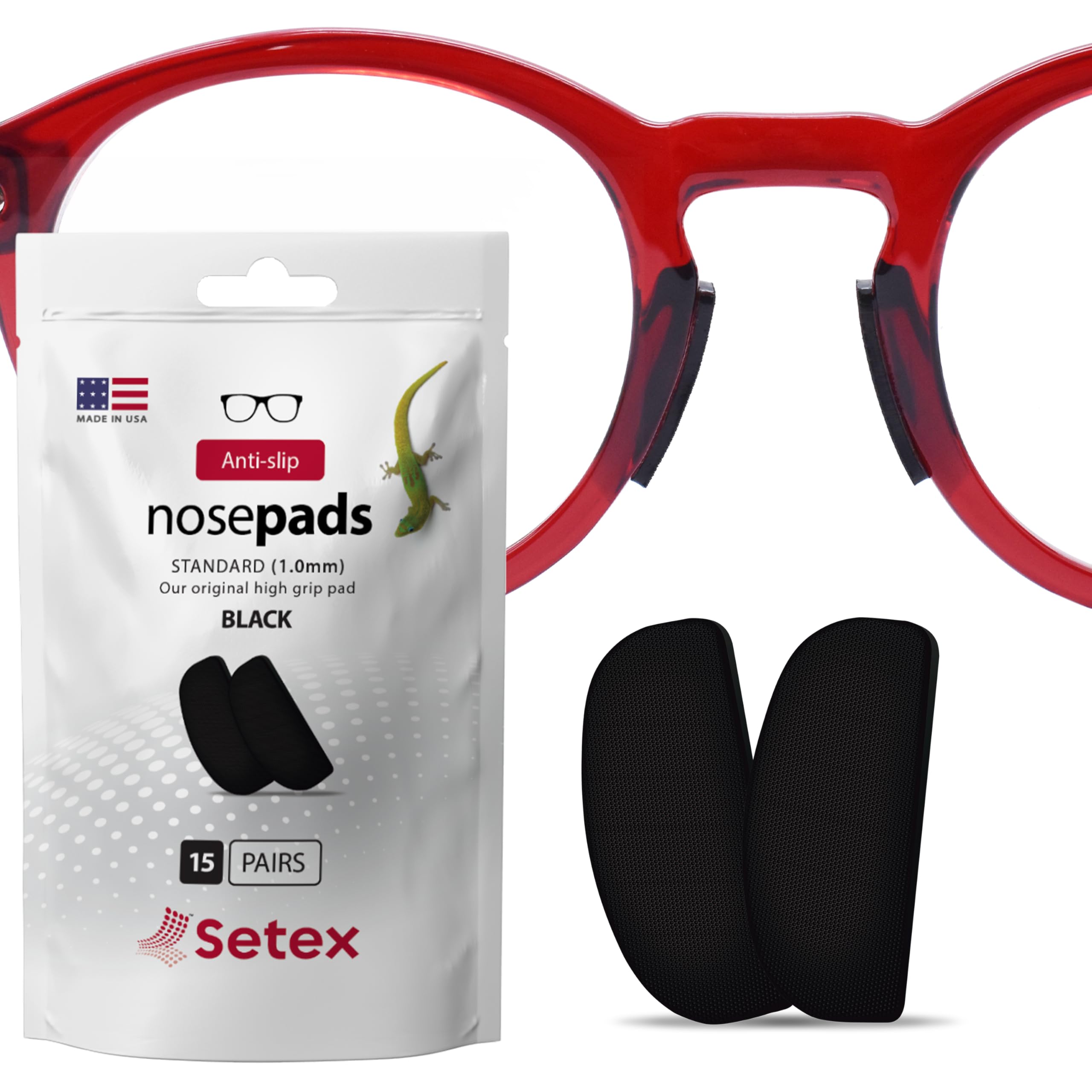 Setex Gecko Grip Glasses Nose Pads (15 Black Pairs) - Anti-Slip Nose Pads for Glasses, USA Made, Micro-Structured Fibers, Ultra-Strong Grip and Ultra-Soft, Self Stick Adhesive, 1 x 7 x 16 mm