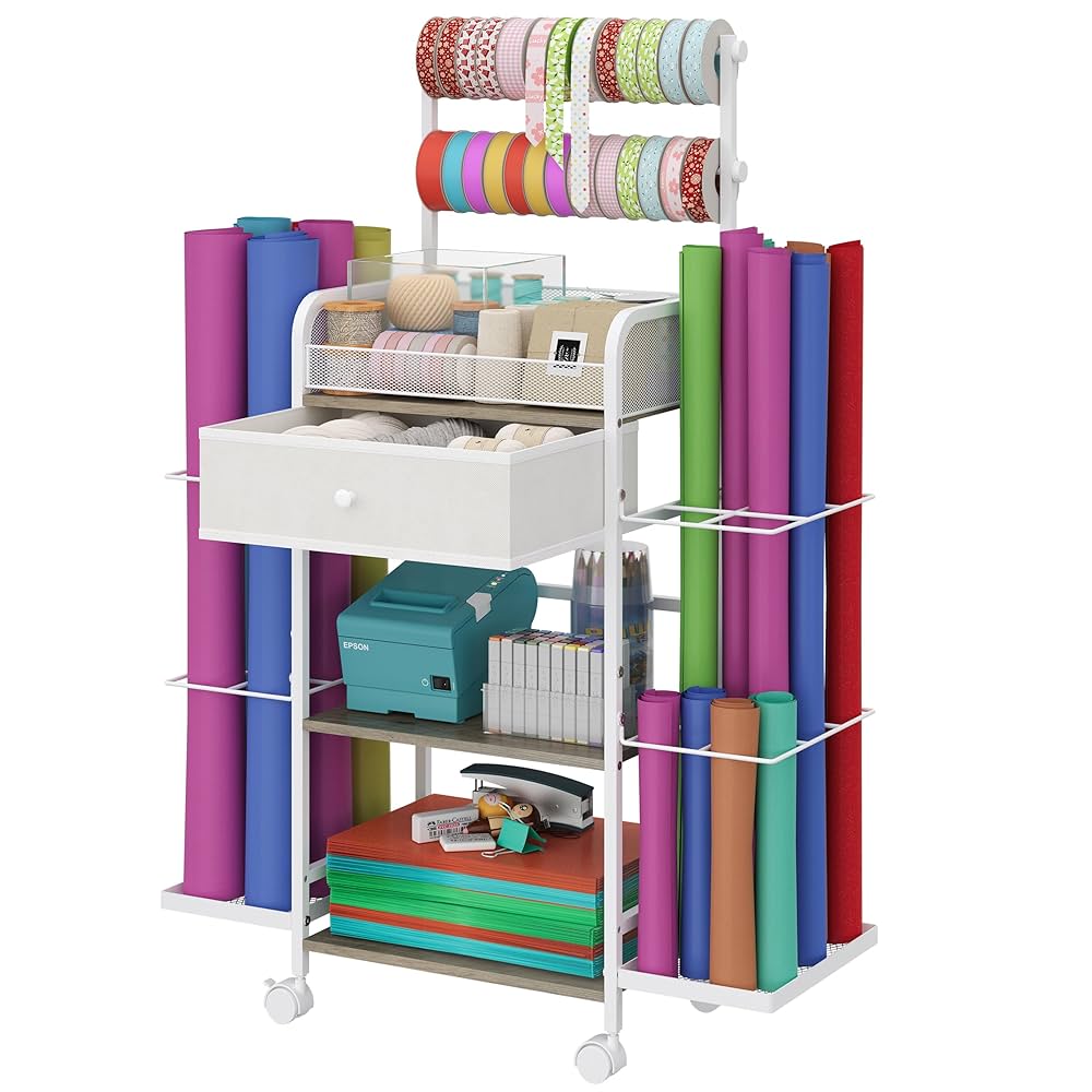 Rolling Craft Cart with Wrapping Paper Stoarge & Fabric Drawer, Washi Tape Holder, Vinyl Roll Rack, Craft Storage Cart with Wheels, Arts and Crafts Organizer for Home Use