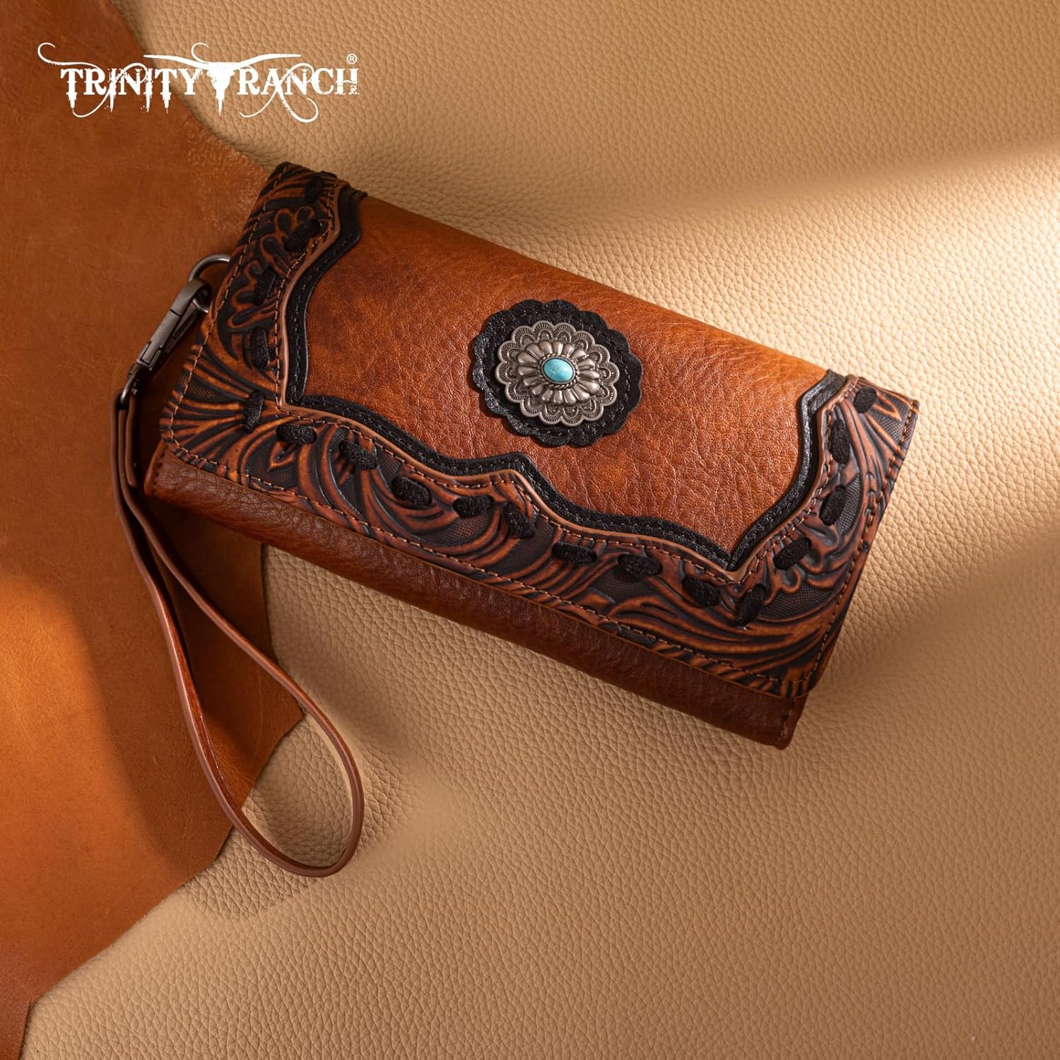 Trinity Ranch Wristlet Wallets for Women Western Wristlet Purse with Detachable Floral Tooled Concho Collection - Image 6
