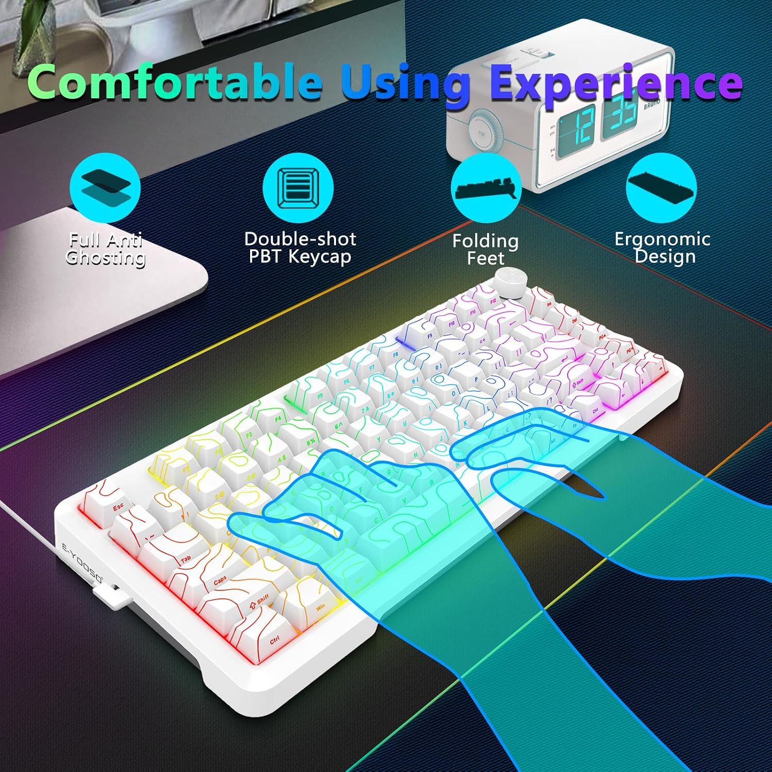 E-YOOSO Wired Creamy Mechanical Keyboard, RGB Backlit, Hot Swappable Pre-lubed Linear Switches, Gasket Structure, Knob Control, 75% Portable Compact Custom Gaming Keyboard, White