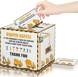 Excavator Diaper Raffle Tickets with Box, 1Diaper Raffle Box and 50Diaper Raffle Card,Diaper Raffle Tickets for Baby Shower,Diaper Party Raffle Insert Card for Baby Shower,Party Decoration Supplie