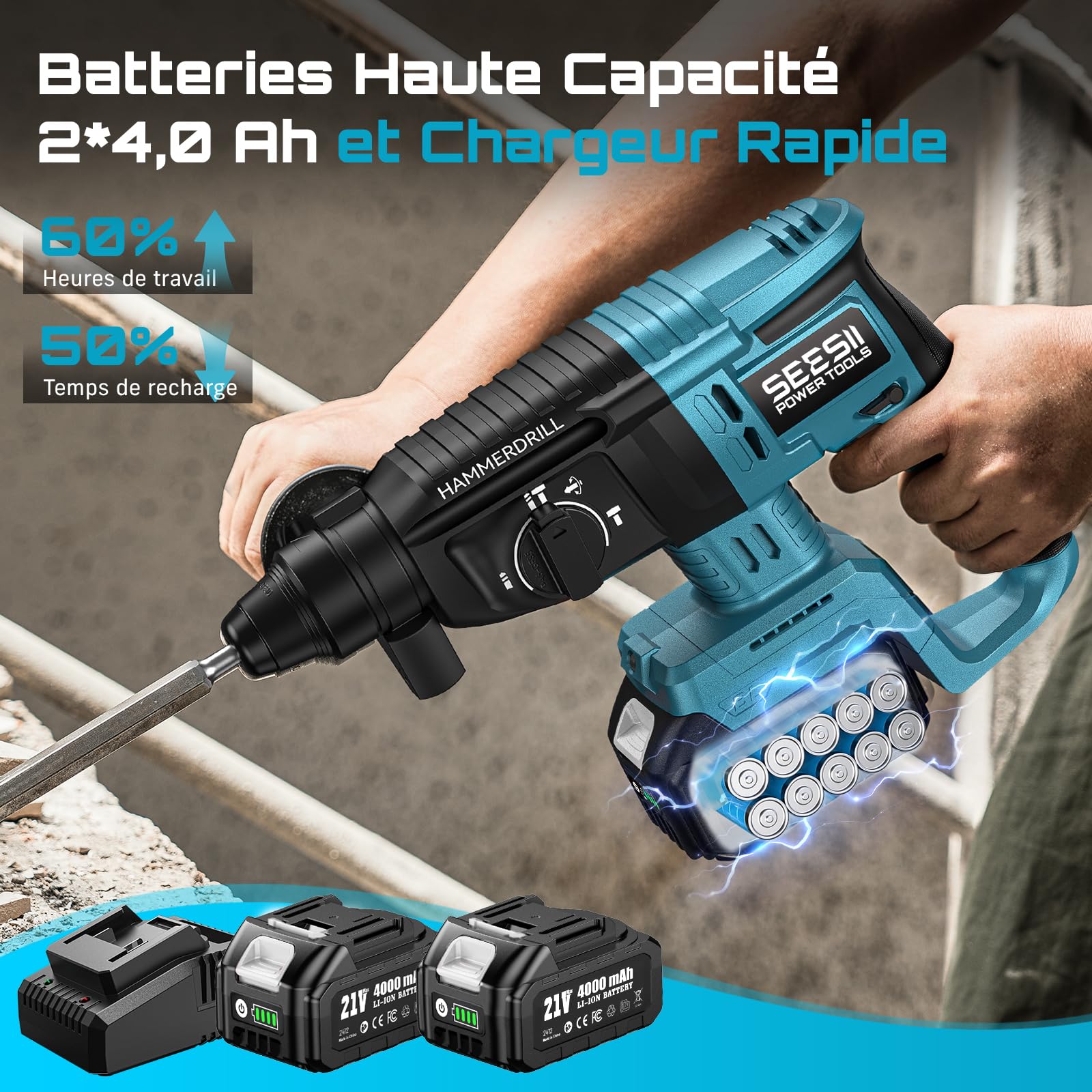 SEESII Marteau Perforateur Sans Fil: 600W, 2,5J D'Énergie D'Impact, Brushless, 3 Fonctions, SDS-PLUS, 2x 4,0Ah Batteries, Chargeur, Forets, Burins, Idéal Pour Le Bricolage Et Les Rénovations