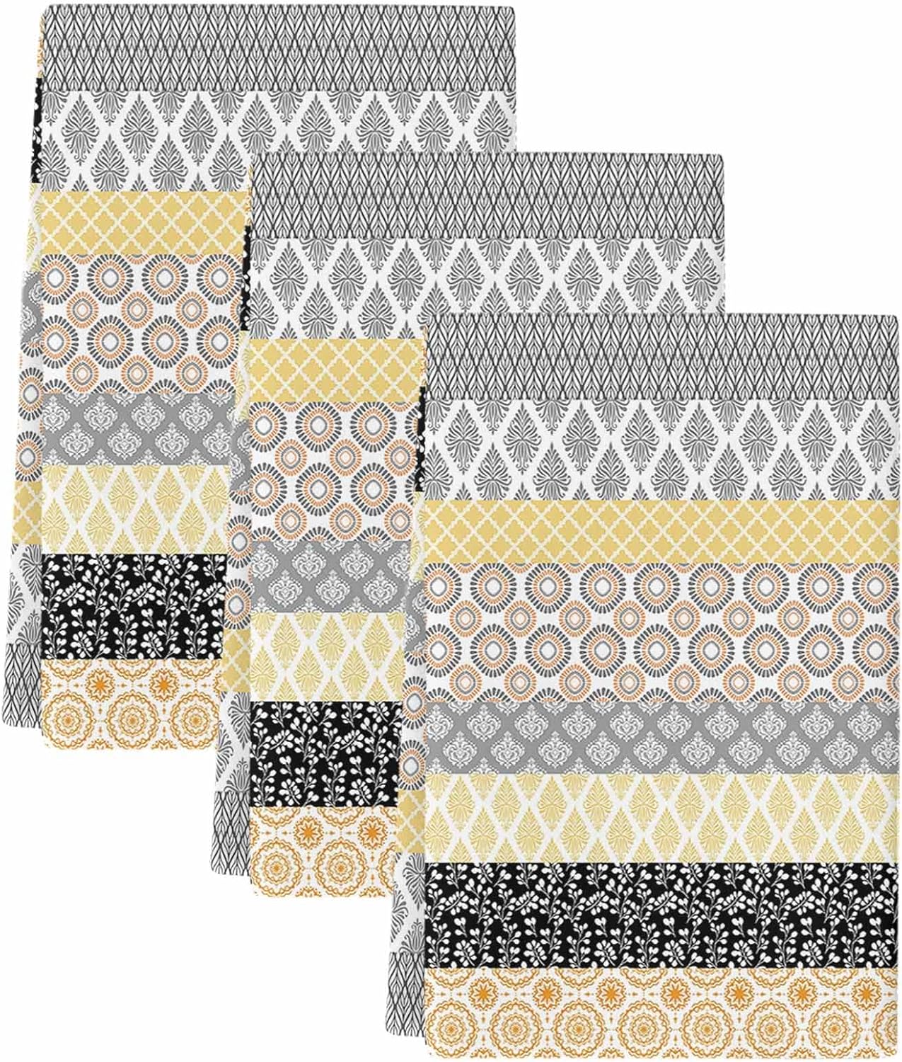 Boho Hand Towels for Bathroom Kitchen Towels Set of 3 18 x 28 Inch Yellow Geometric Stripes Super Absorbent Microfiber Farmhouse Style Washable Fast Drying Home Decor
