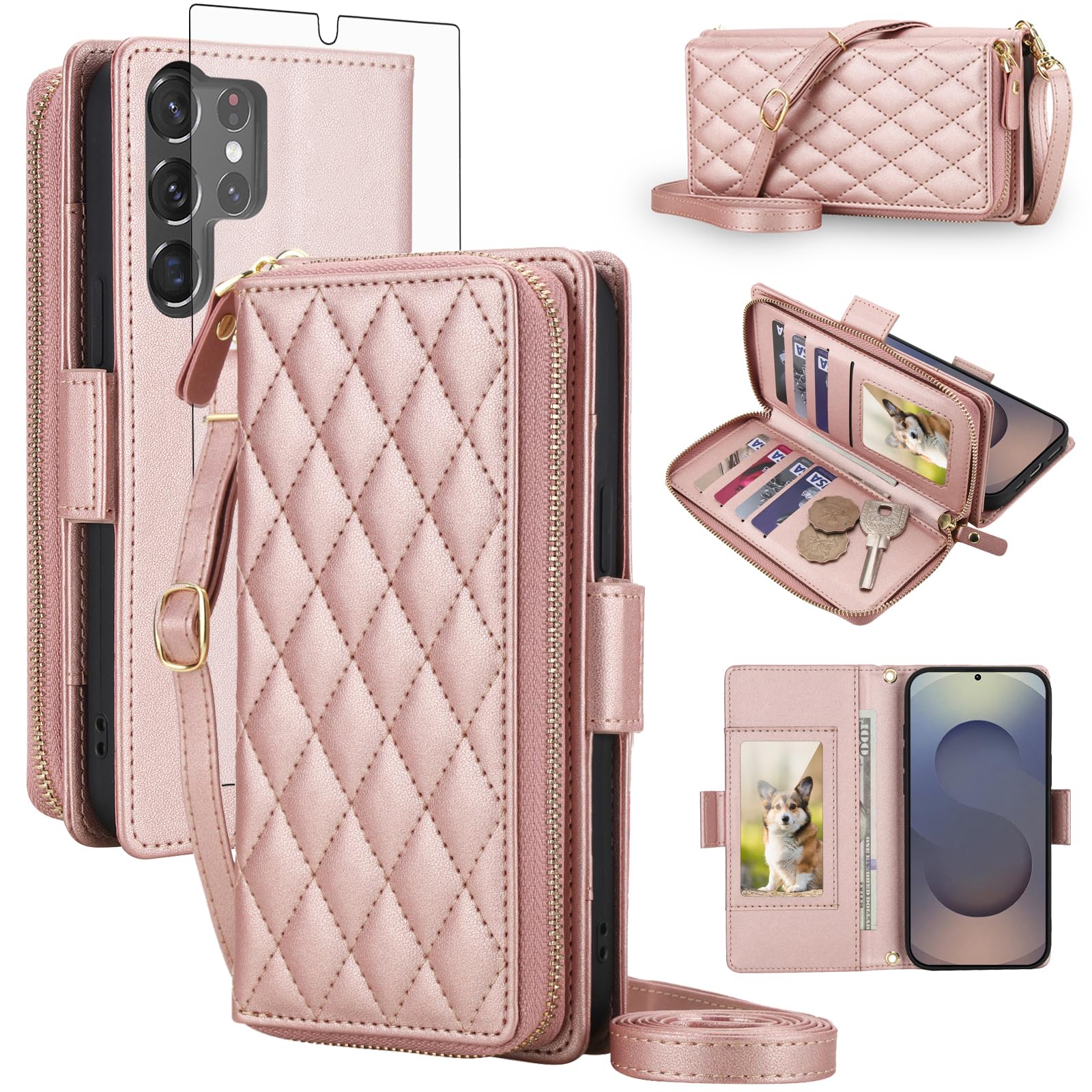 Étui portefeuille compatible avec Samsung Galaxy S24 Ultra 5G - Fermeture éclair - Protection d'écran - Bandoulière à rabat - Porte-cartes - S24Ultra 24S S 24 24Ultra - Pour homme et femme - Or rose