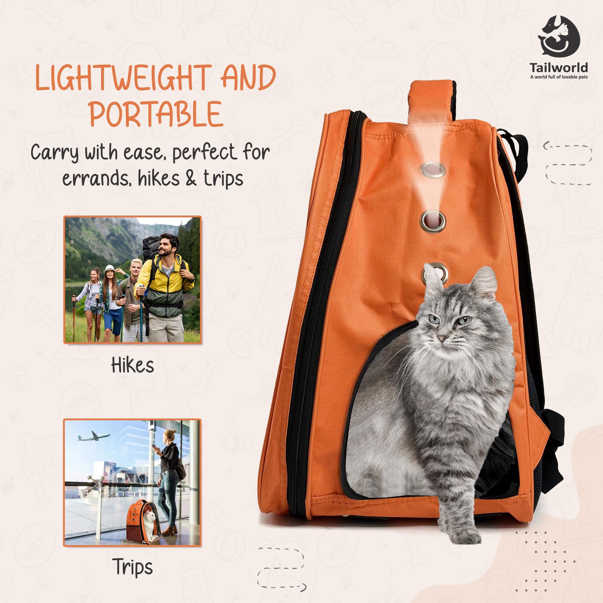 Tailworld Portable Pet Carrier Backpack for Cats & Small Dogs – Transparent Window, 9 Air Vents, Breathable Mesh, Built-in Safety Leash, Lightweight Travel Bag for Outdoor & Travel (Orange) 4