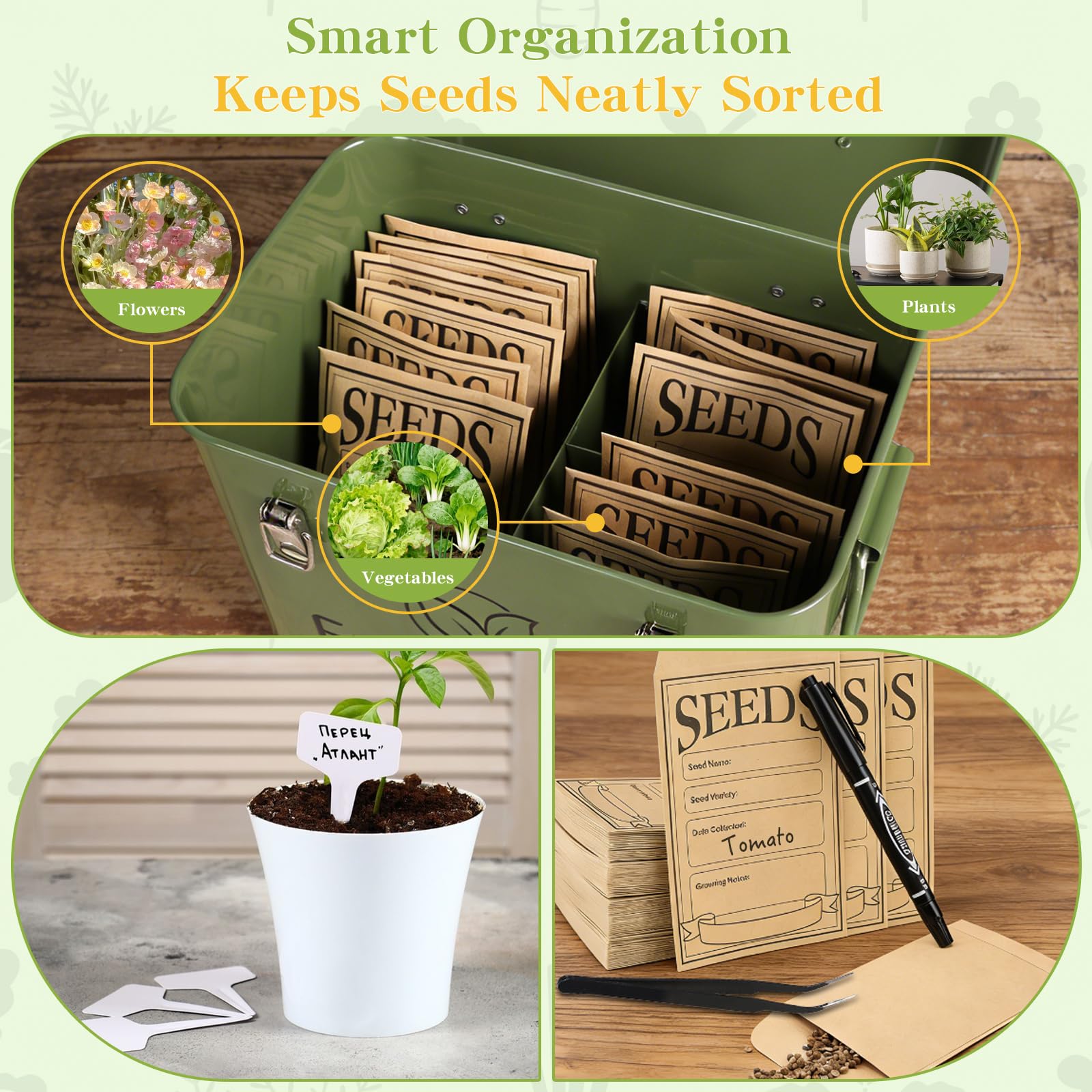 efuturetime Caja de Metal para Almacenamiento de Semillas 20,5×13,5×16cm, Organizador de Semillas de Jardín con 3 Compartimentos, Almacenamiento Semillas Flores Verduras Regalo Jardineros, Verde