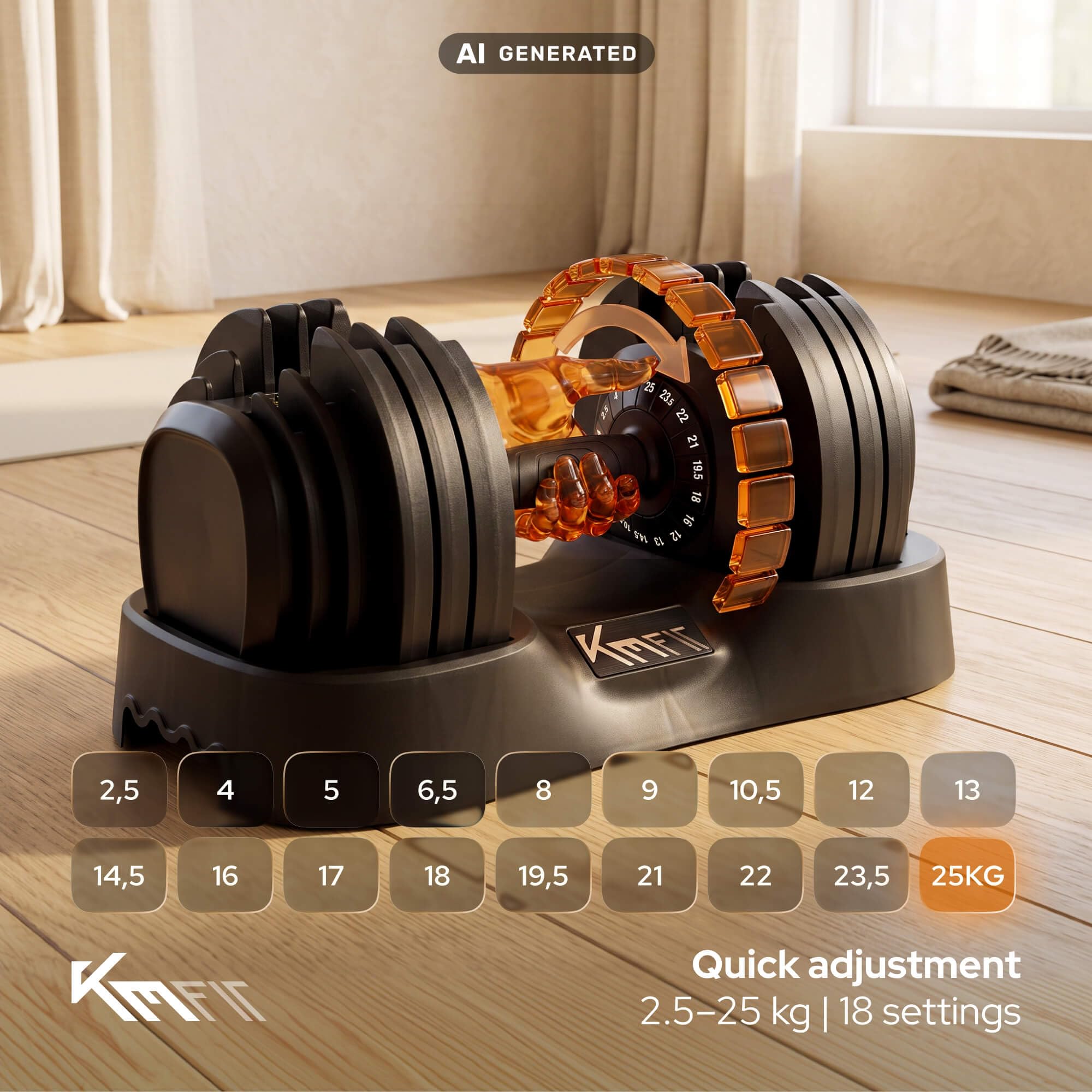 KM-Fit Regulowany hantel 25 kg pojedynczy, 18 poziomów, siłownia domowa | 2,5–25 kg z regulacją jedną ręką, systemem Stop-Lock, ciężarami z żeliwa i bazą