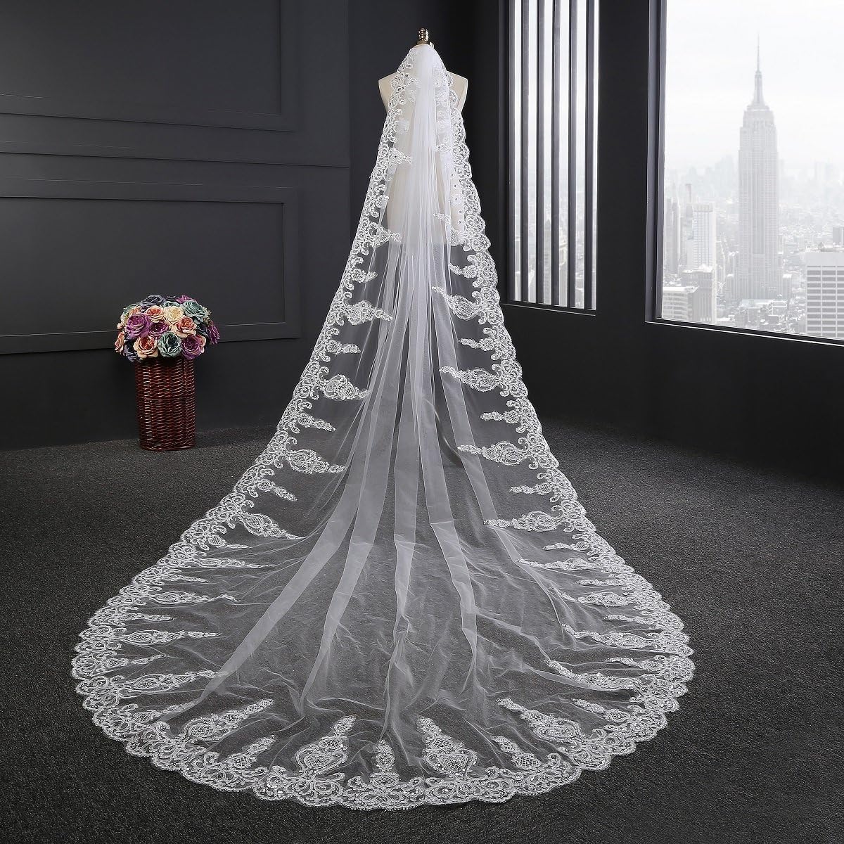 ElieHouse 1 Tier Cathedral Sequin Lace Wedding Bridal Veil With Metal Comb E63 Ivory