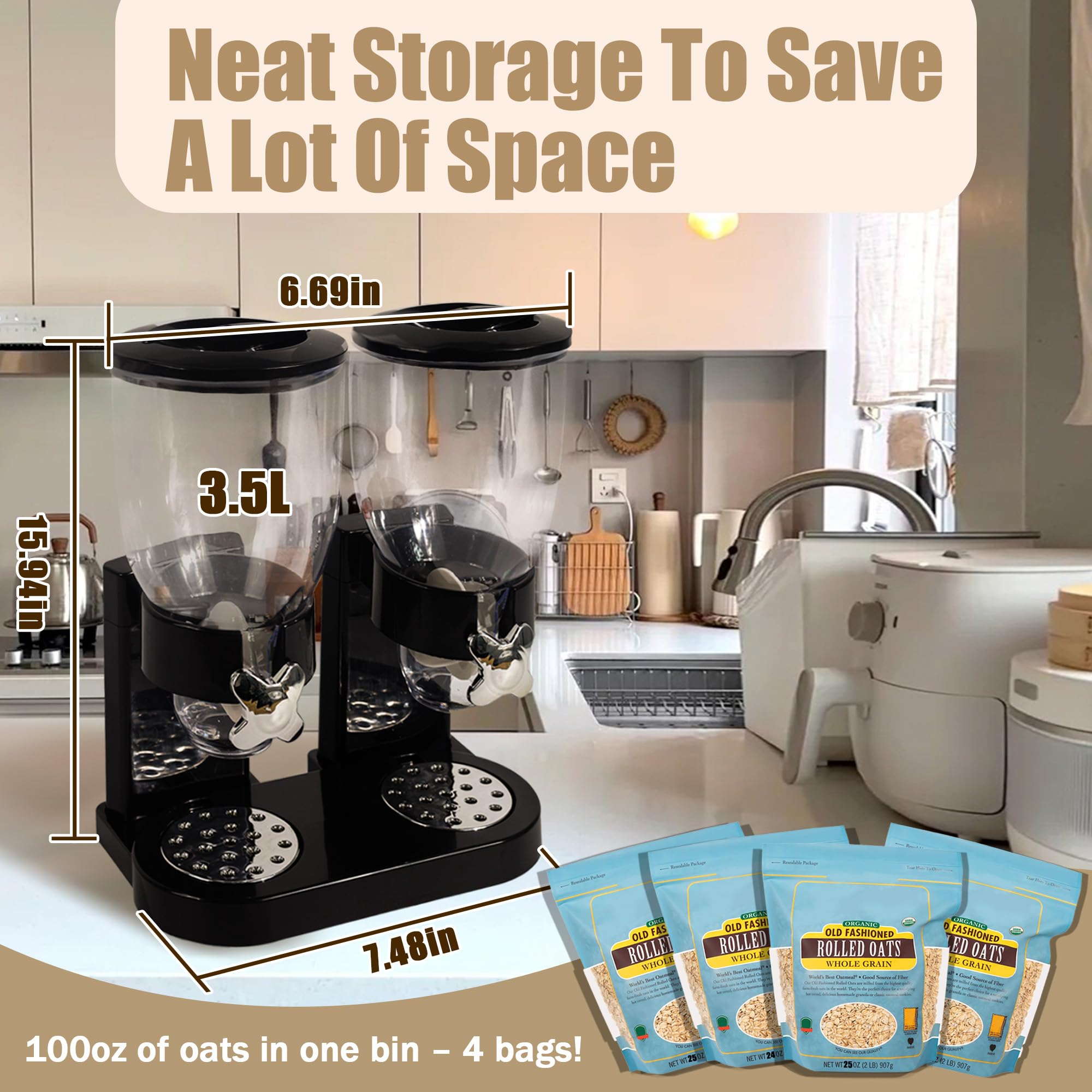 Meegoo Dispenser per cereali, contenitori per cereali, grande capacità, 3,5 l, confezione da 2, con interruttore rotante, contenitore ermetico per alimenti per dispensa da cucina, dispenser di