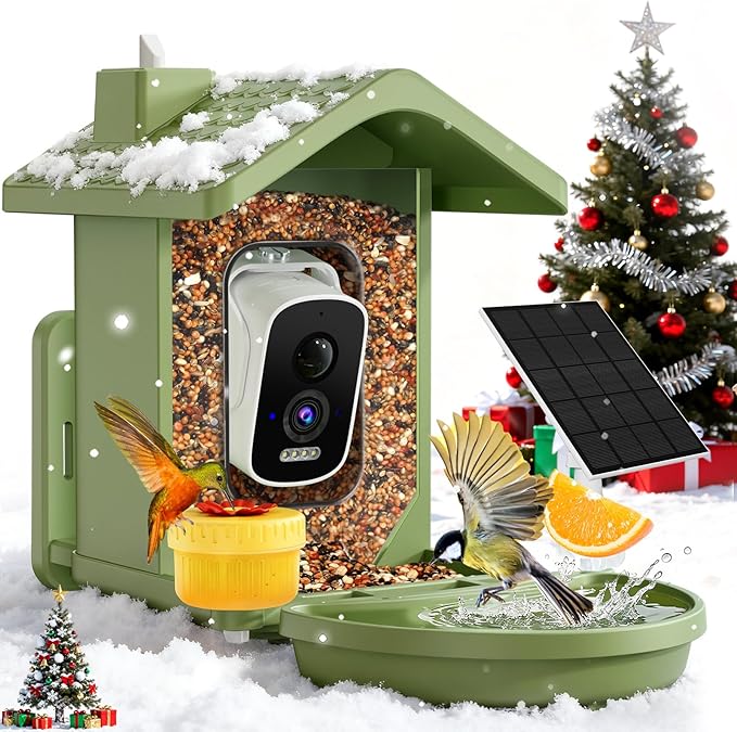 Smart Bird Feeder with Camera Solar Powered, AI Birds Species Identification, 2.5K HD Video Bird House with Camera for Outside, Weatherproof Design Ideal Gifts for Christmas, Bird Lovers, Green