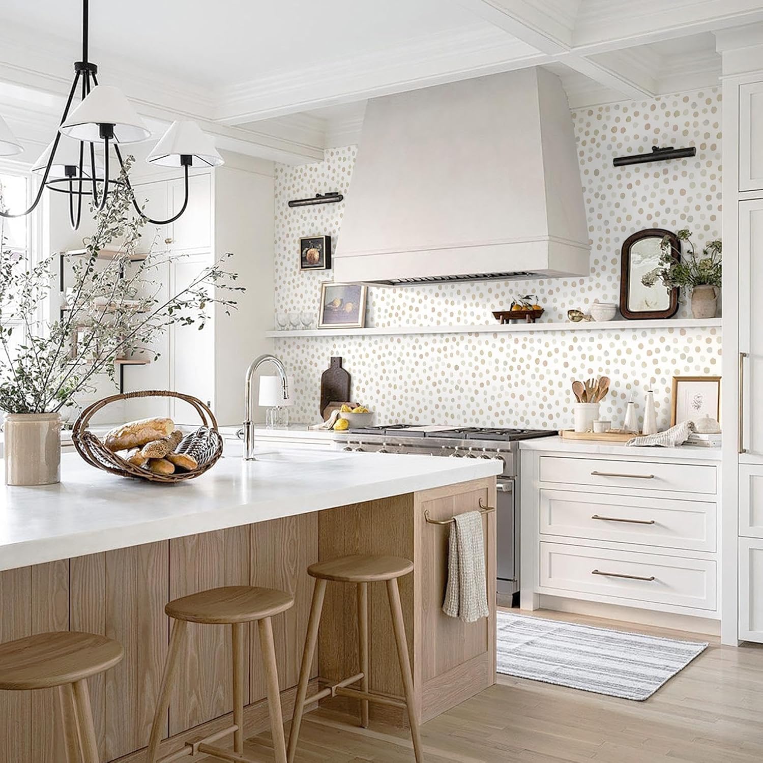 Dimoon 17.3''x177.2'' Peel and Stick Wallpaper Boho Beige Contact Paper Natural Modern Polka Dot White Wallpaper Removable Bathroom Kitchen Self Adhesive Wall Paper Renter Friendly Vinyl Roll