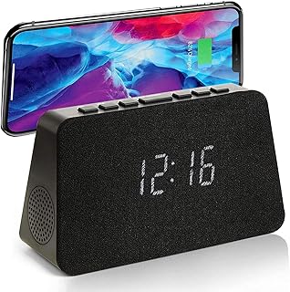 Grouptronics GTQ-RENEW Wireless Charging Alarm Clock Radio - Dimmable Display, USB Charging, FM Radio, Dual Alarms, No Tick Alarm Clock Bedside - Black with Black Cloth screen
