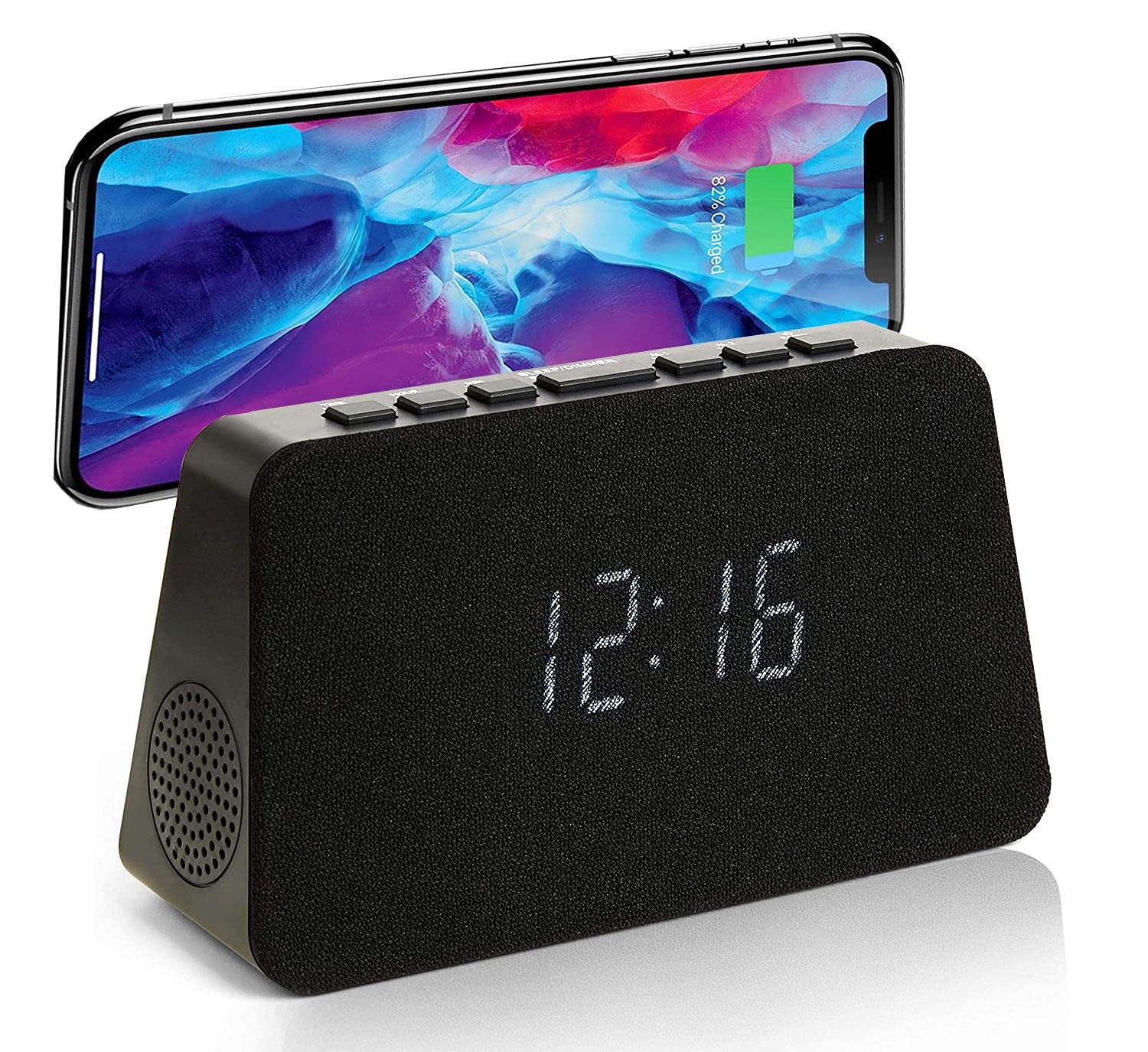 Grouptronics Black Gtq-Renew Wireless Charging Alarm Clock Radio - Dimmable Display, Usb Charging, Fm Radio, Dual Alarms, No Tick Alarm Clock Bedside - With Cloth Screen