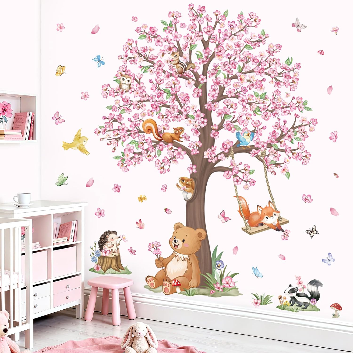 wondever Large Woodland Animal Flower Tree Wall Stickers Cherry Blossom Bear Fox Peel and Stick Wall Art Decals for Girls Bedroom Kids Room Baby Nursery