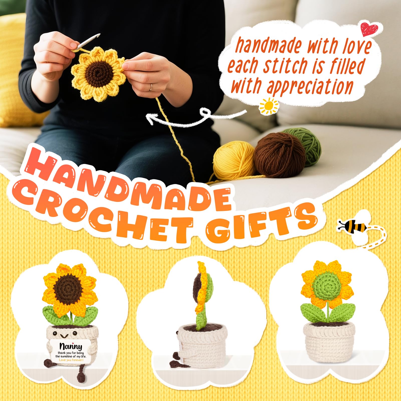AceThrills Nanny Gifts, Nanny Birthday Gifts - Handmade Crochet Funny Cute Sunflower, Gifts for Nanny from Grandchildren, Present for Nanny on Birthday Christmas Mother's Day