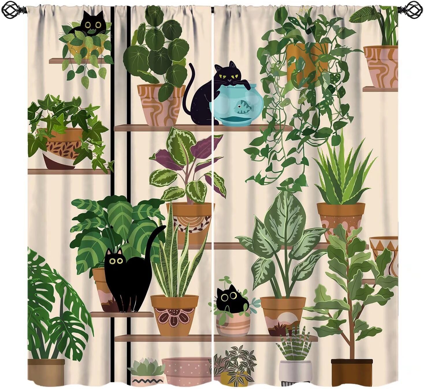 Cat Curtains Cartoon Cute Animals Boho Potted Art Printed Blackout Window Drapes for Living Room Kitchen Decor Fabric Set 2 Panel 42x63 Inch 80% Shading Rate