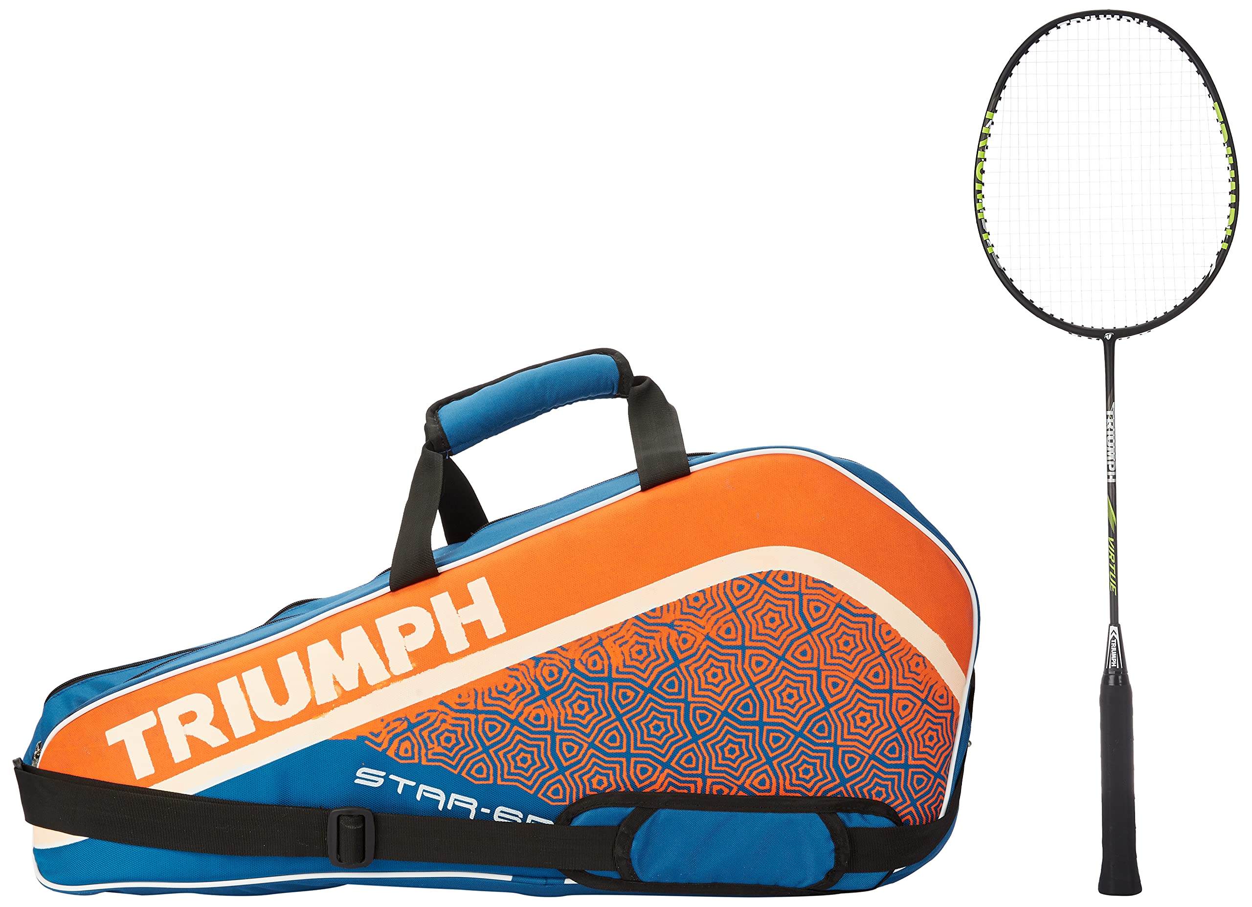 Triumph Virtue Graphite Hotmelt Light Weight Strung Badminton Racket with Star-6R Double Compartment Badminton Bag White-image-33
