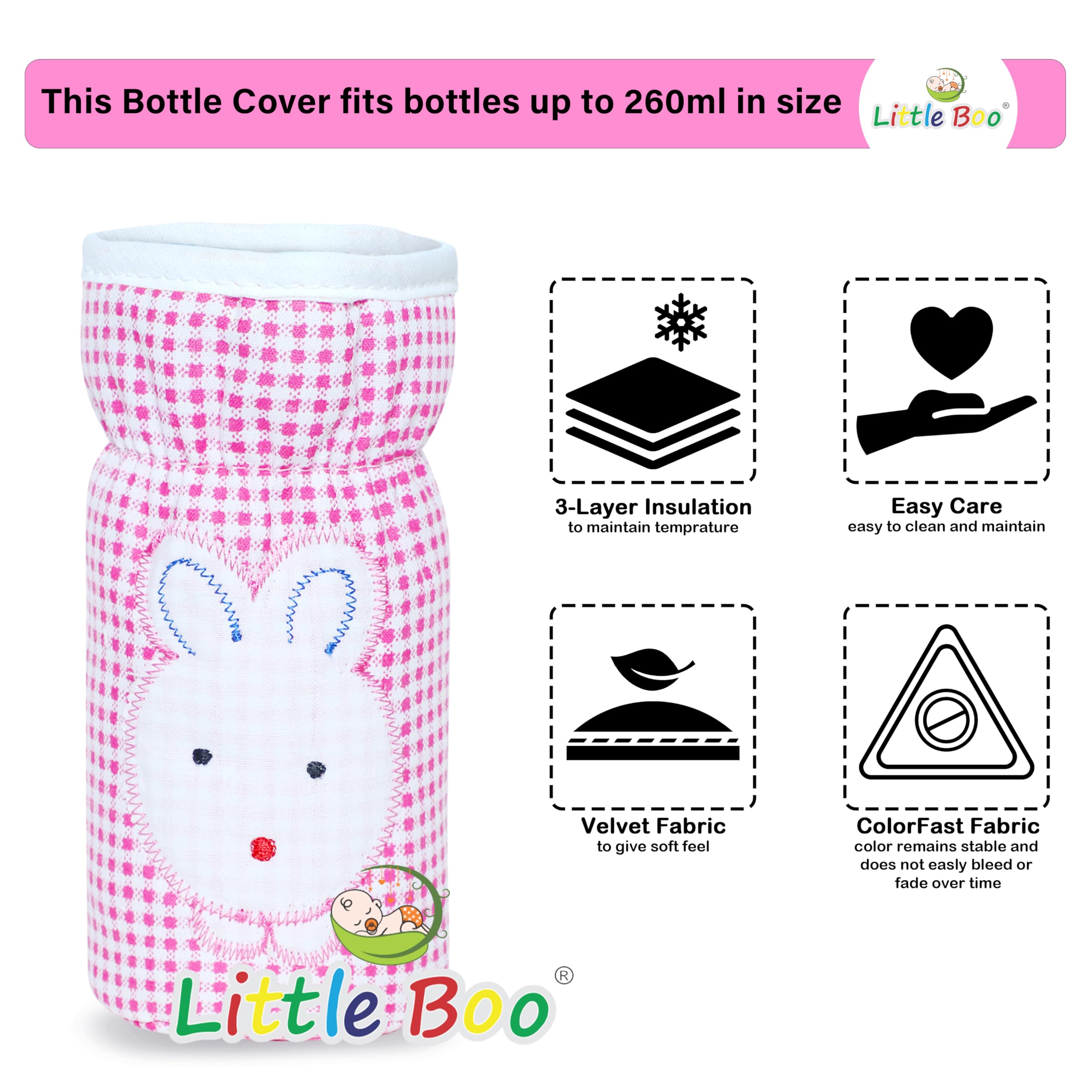 Little Boo Soft Plush Stretchable Baby Feeding Bottle Cover with Easy to Hold Strap | Check Design Cotton Pack of 2 (Blue and Pink,Narrow Neck Fits Upto 150ml) - Image 7 thumbnail