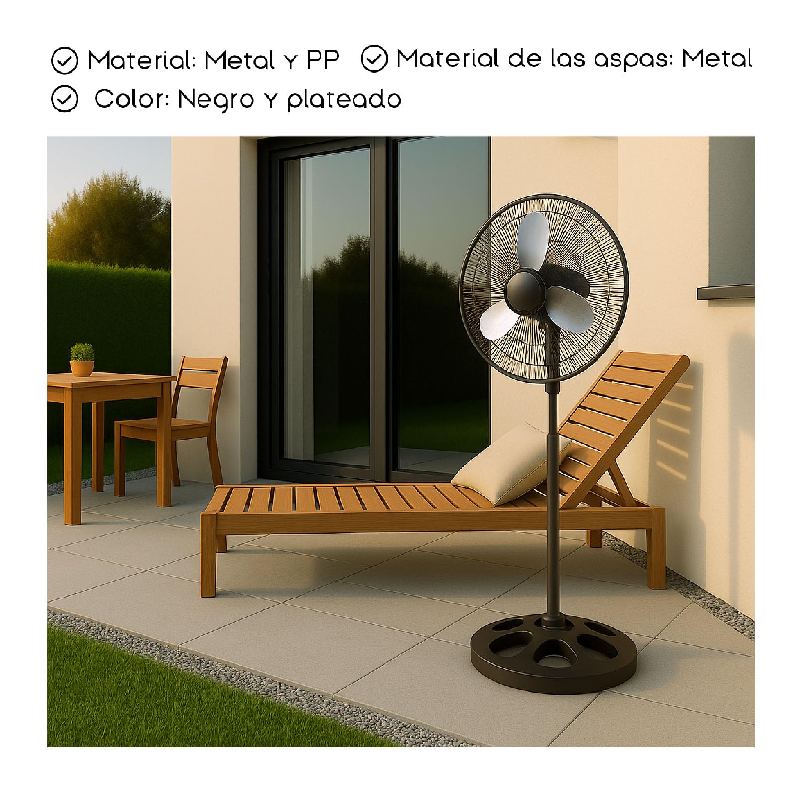 TIENDA EURASIA – Ventilador de Pie | Negro y Plateado | 3 Aspas | 37W | Metal y Polipropileno PP | Ø 34cm | 80 cm Alto | 3 Velocidades | Voltaje Máximo 240V