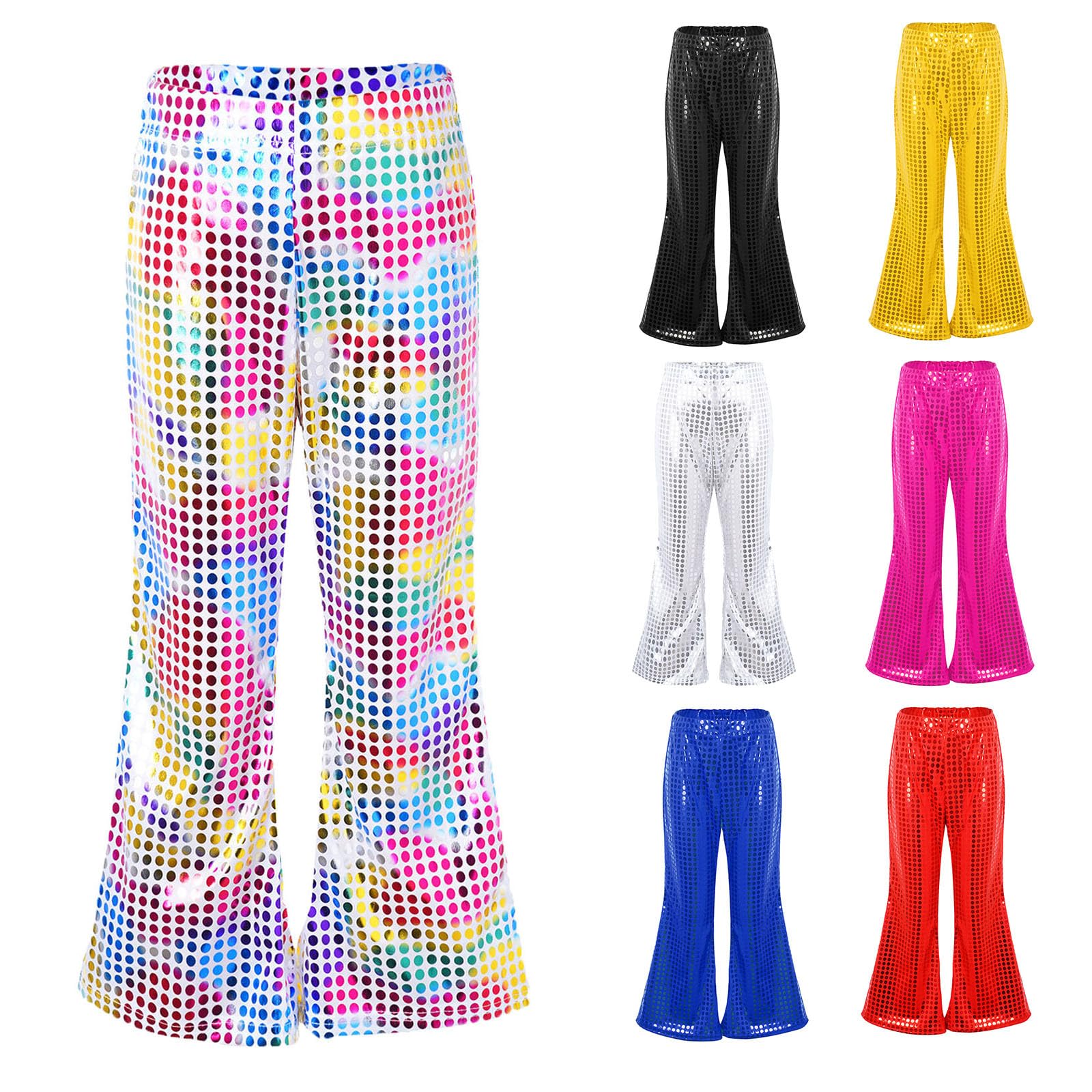 Genérico Pantalones Largos Acampanados Pantalon Lentejuelas Niño Niña Retro de Cuero Metálico Brillante para Danza Pantalón Chandal Jazz Cintura Elástica Traje Baile Fiesta Actuación Pant