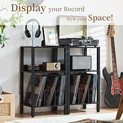 Miniatura 7 de LELELINKY - Soporte para tocadiscos, mesa de tres niveles con almacenamiento para vinilos hasta 100 álbumes, soporte para discos de vinilo, estante